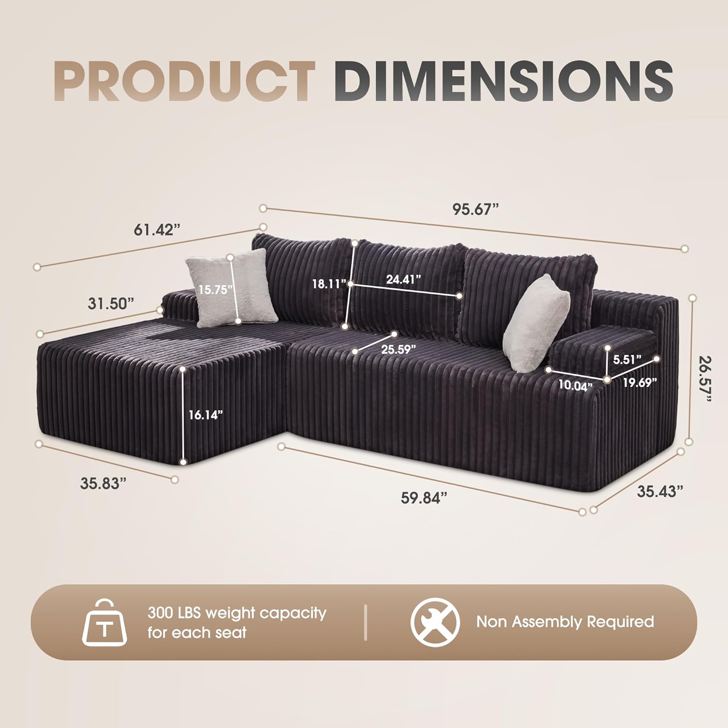 Modular Sectional Sofa Couches L-Shape Couch 3 Seat Modular Sofa Memory Foam Sectional Couches for Living Room, Cloud Couch with Oversized Chaise (Grey Stripe, 96