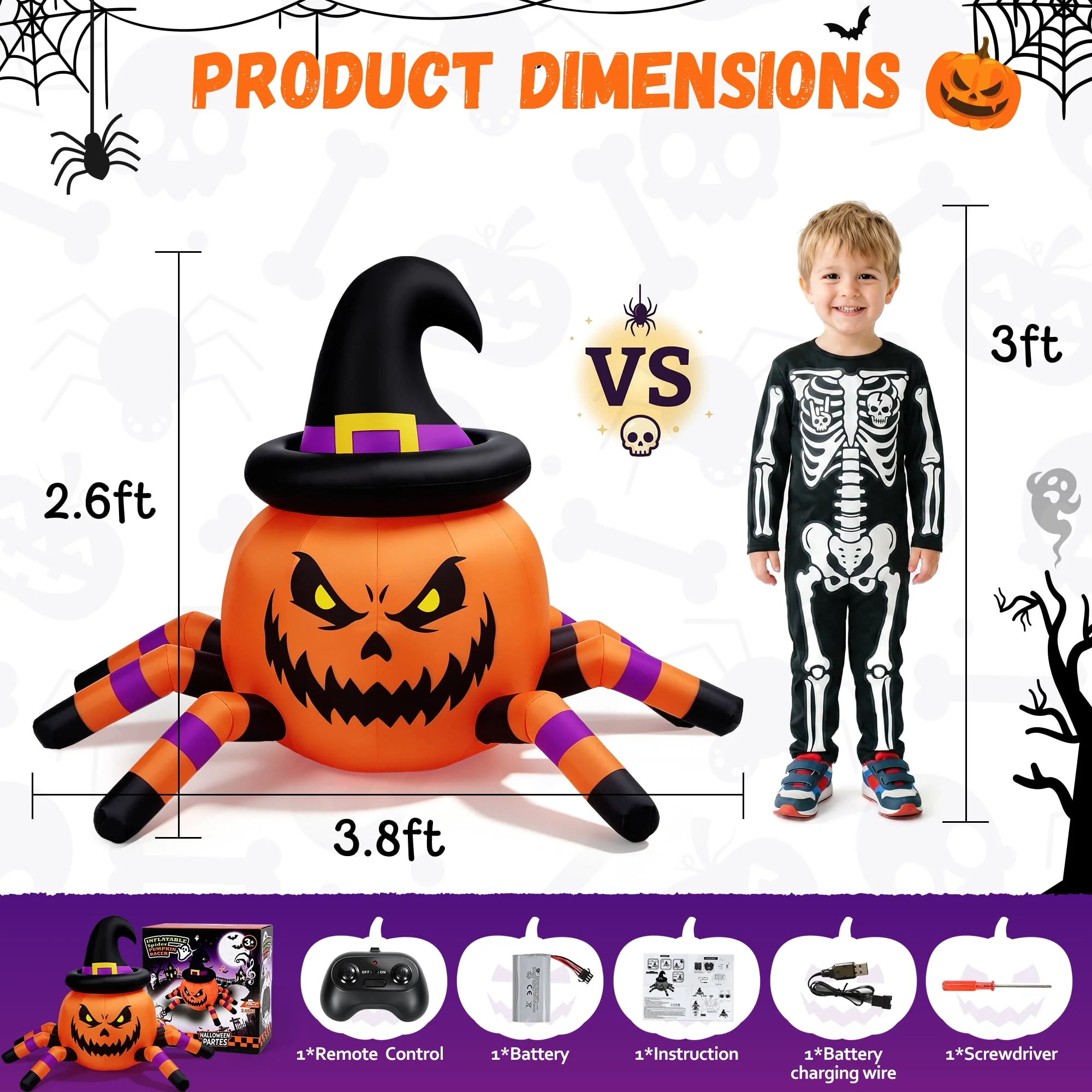 Firstness 2.4GHz Remote Control Car Halloween Inflatable Pumpkin Spider Blow ups Rc Car 360° Rotation, 3 Music and LED Lights, Aged 3+ - Image 12 Firstness 2.4GHz Remote Control Car Halloween Inflatable Pumpkin Spider Blow ups Rc Car 360° Rotation, 3 Music and LED Lights, Aged 3+ - Image 12