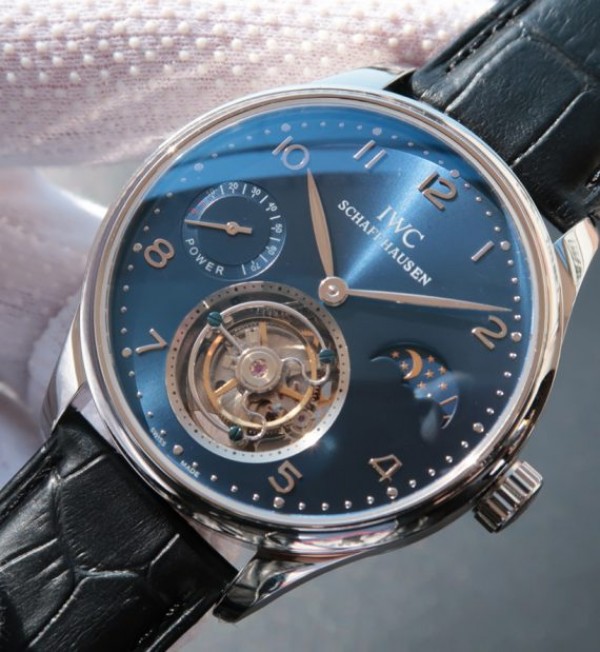 Replica IWC Portuguese Tourbillon Power Reserve Moonphase Blue Dial - Elite Watch Atelier
