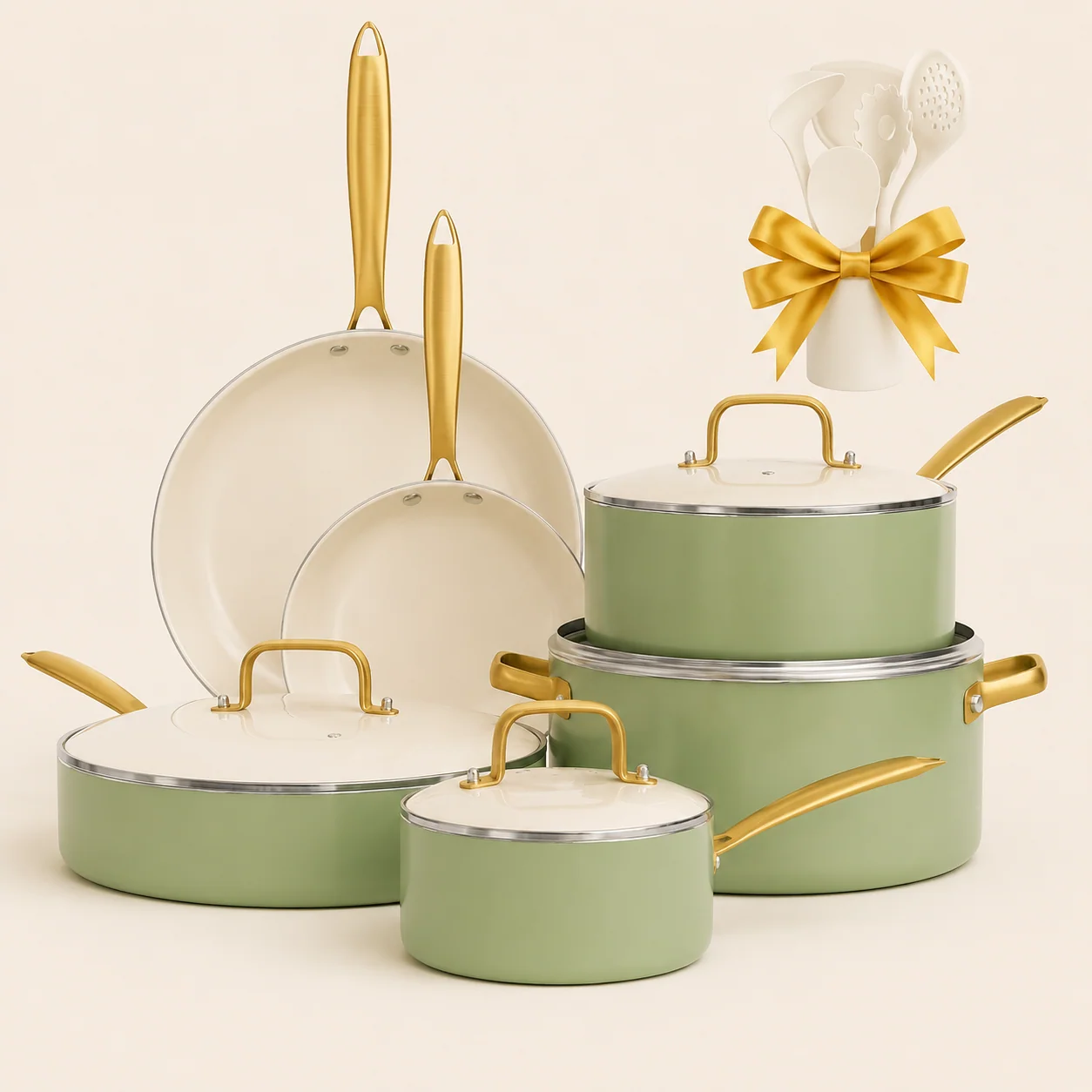 16-Piece Ceramic-Coated Nonstick Cookware Set with Lids and Utensils