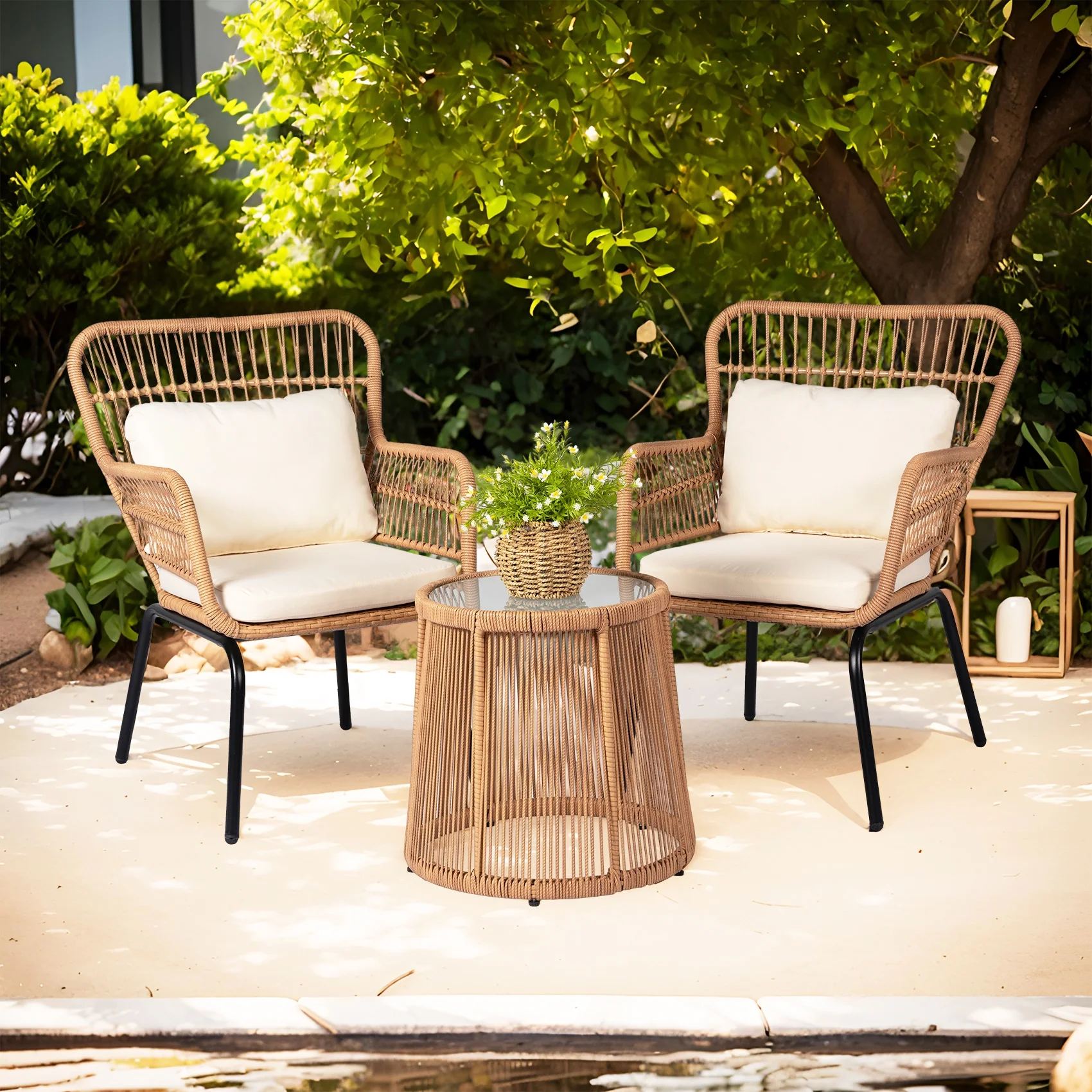 Tappio 3-Piece Patio Conversation Bistro Set Rattan Furniture, Outdoor Patio Set w/Glass Top Table & Cushions for Garden Balcony Backyard Poolside, Yellow/Beige - Image 13