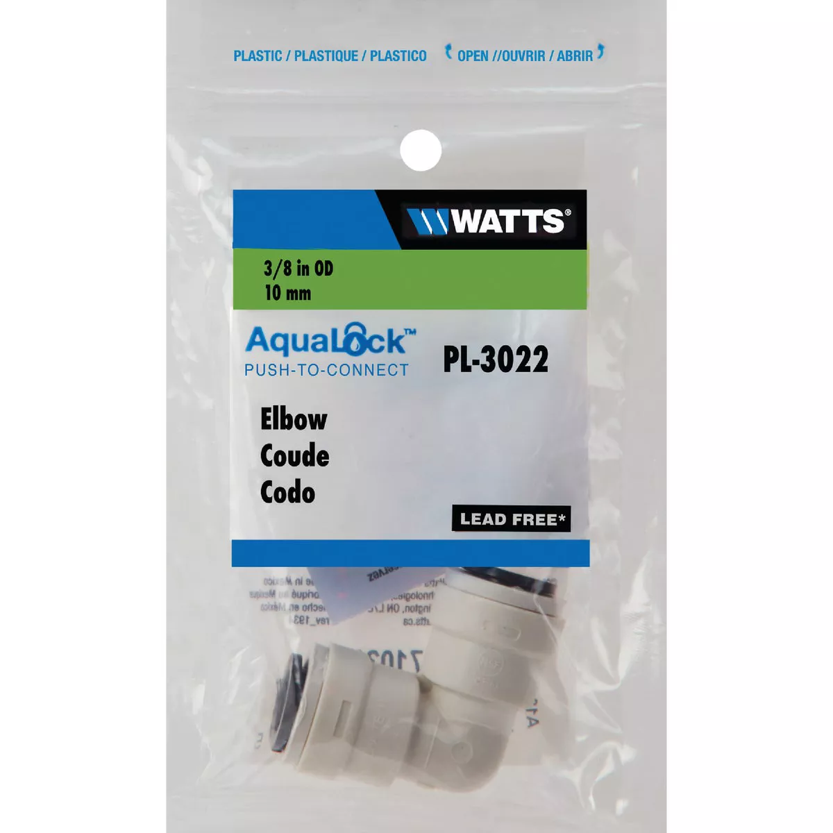 Watts Aqualock 3/8 In. x 3/8 In. 90 Deg. Push-to-Connect Plastic Elbow (1/4 Bend)
