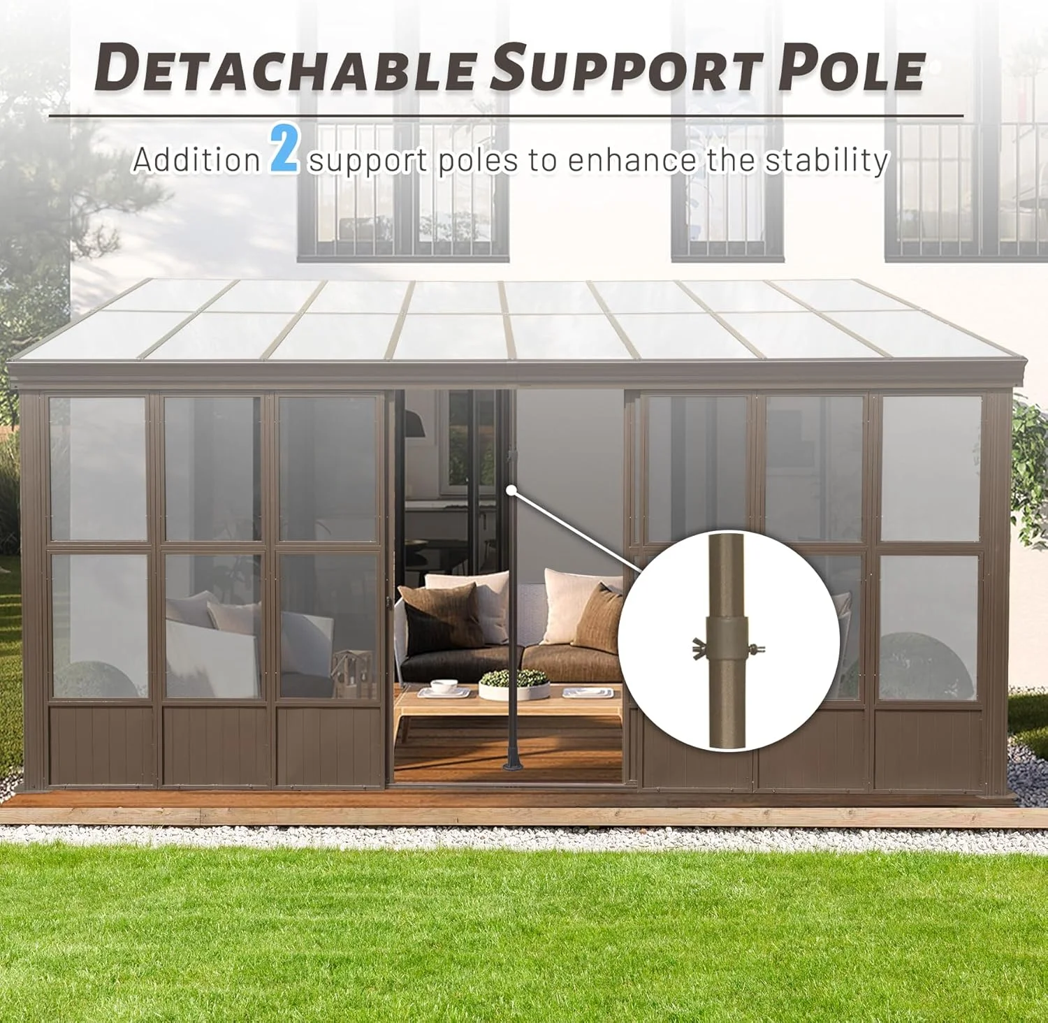 TOTAL Outdoor 10'x12' All-Season Sunroom Gazebo with Steel Roof, PVC Screen, Front & Side Door, Brown - Image 29