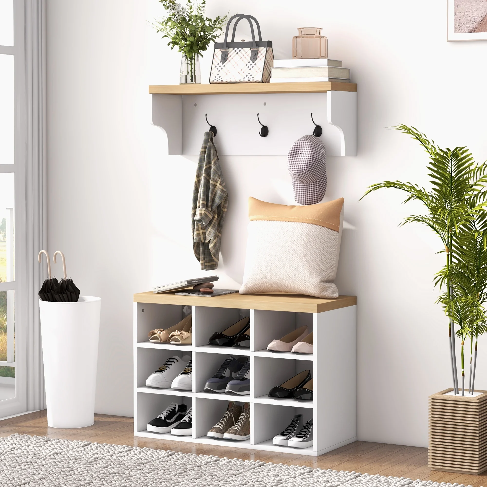 Homiyad 2-in-1 Coat Rack Shoe Bench Set, 5-Hook Hall Tree with Bench and Shoe Storage for 9 Pairs of Shoes for Entryway, Hallway, White