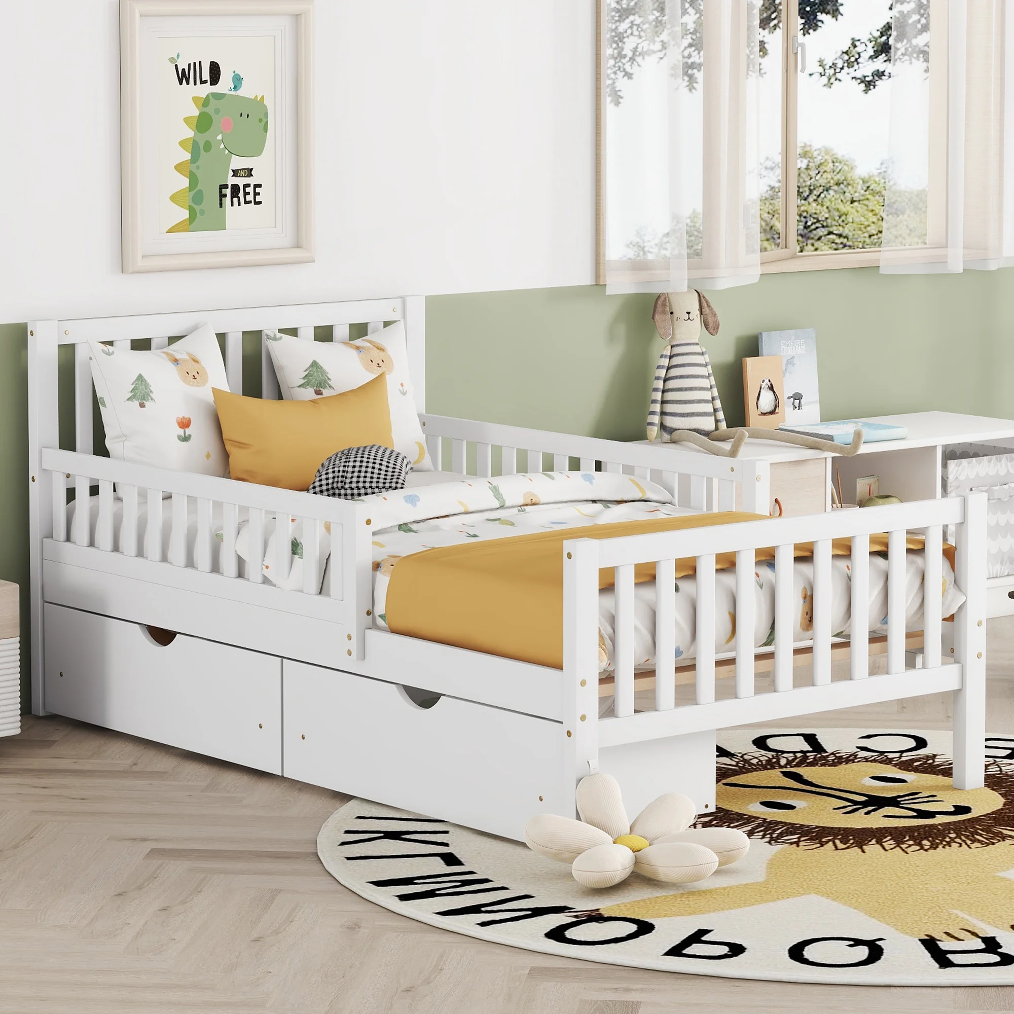 Bellemave Twin Bed with Storage Drawers and Fence Rails, Wood Platform Beds Frame with Headboard, Twin Size Storage Bed for Kids Boys Girls Teens��White)