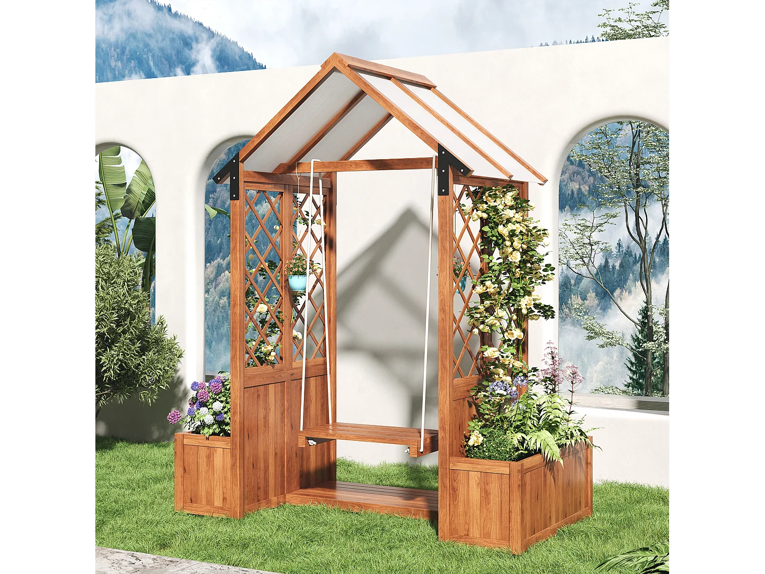 Jardinière en bois massif - balançoire d'extérieur - jardinière avec treillis comme - avec toit ouvrant en polycarbonate - marron