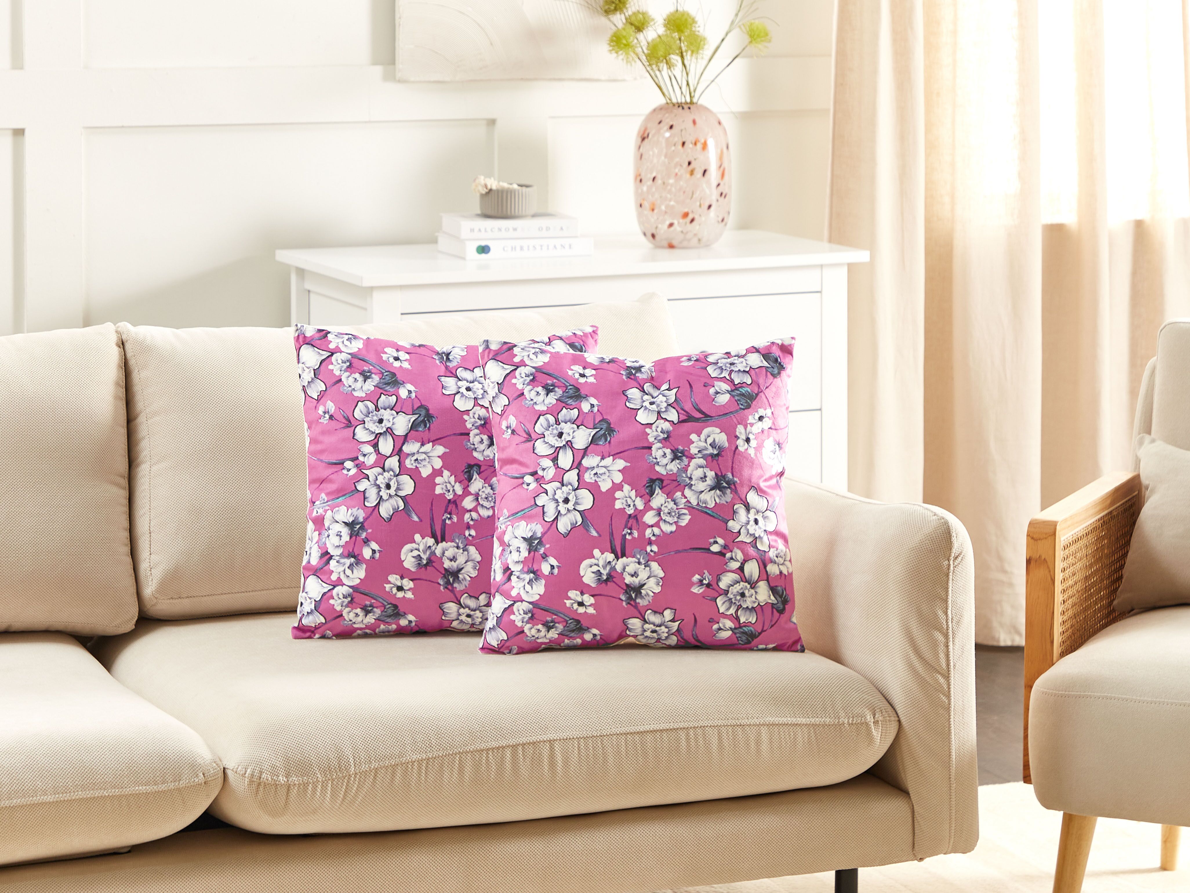 Set of 2 Decorative Cushions KOELERIA Velvet 45 x 45 cm Fuchsia Pink Floral Pattern