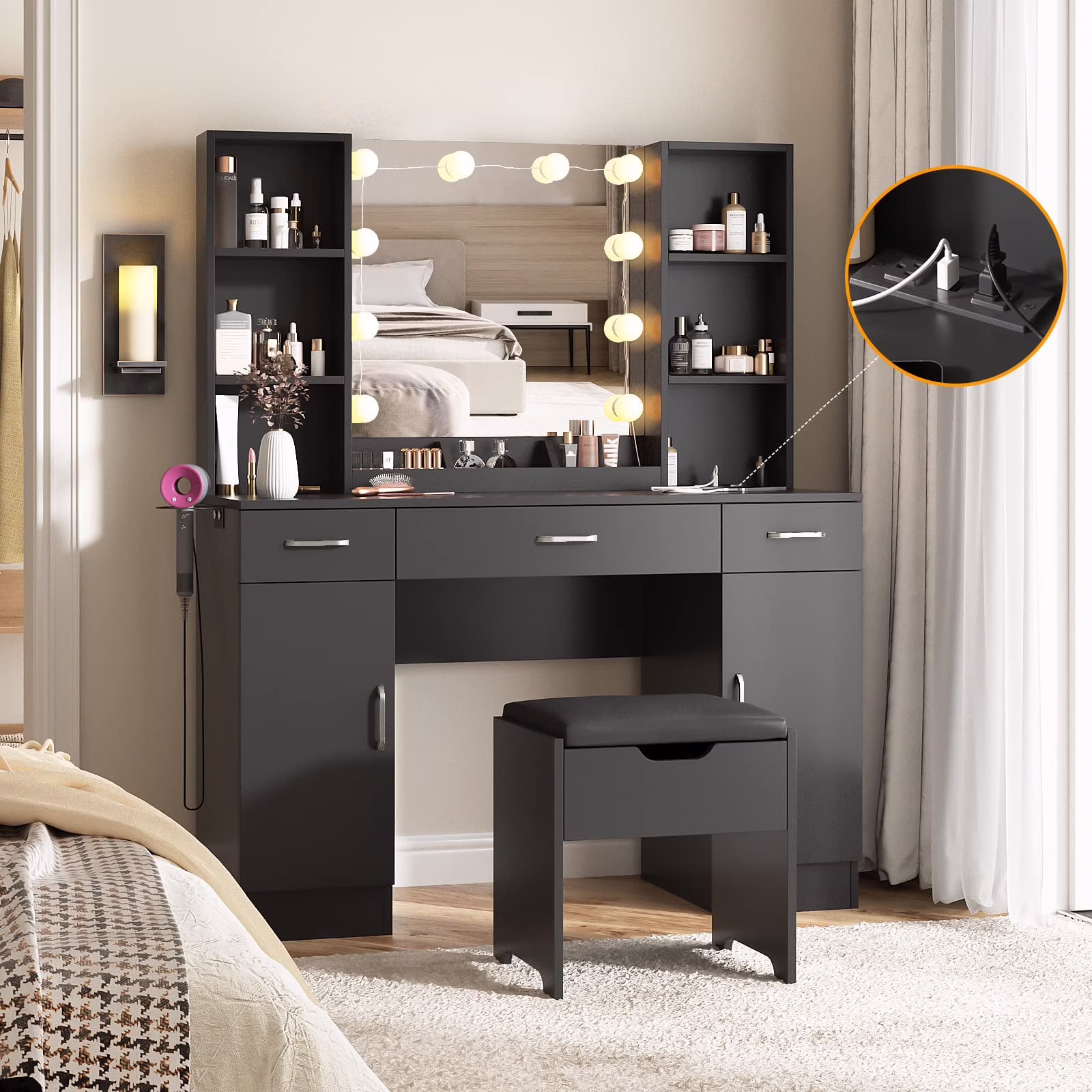 VEANERWOOD Large Makeup Vanity Set with Light Modern Makeup Vanity Table with Storage and Adjustable Lighting Colors for Bedroom 45.2in, White - Image 7