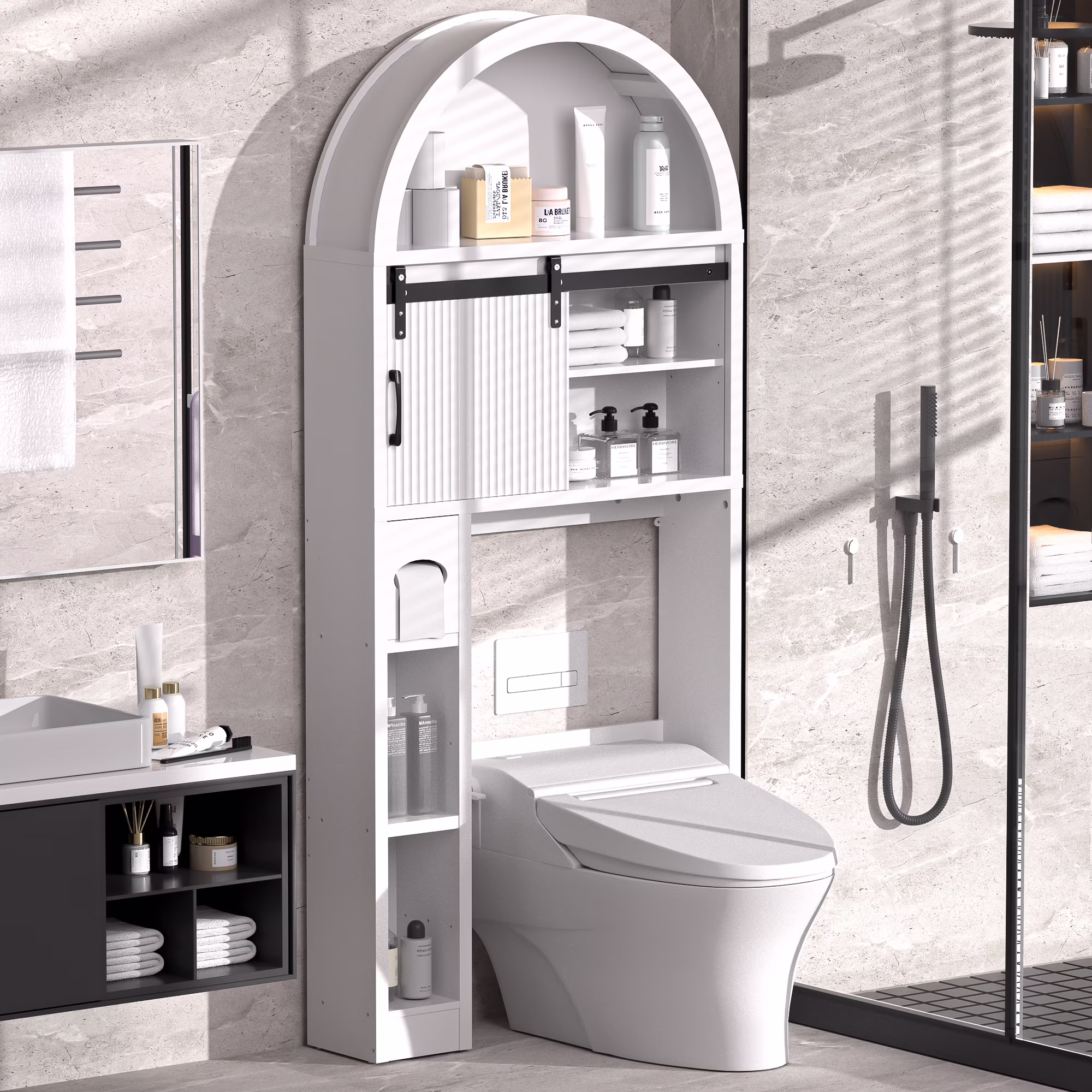 HARIPUL Over The Toilet Storage Cabinet w/ Unique Wood Grain & Arc Design, Freestanding Bathroom Shelf Organizer Space Saver w/ Doors & Anti-Tip Device, Wood Color - Image 3