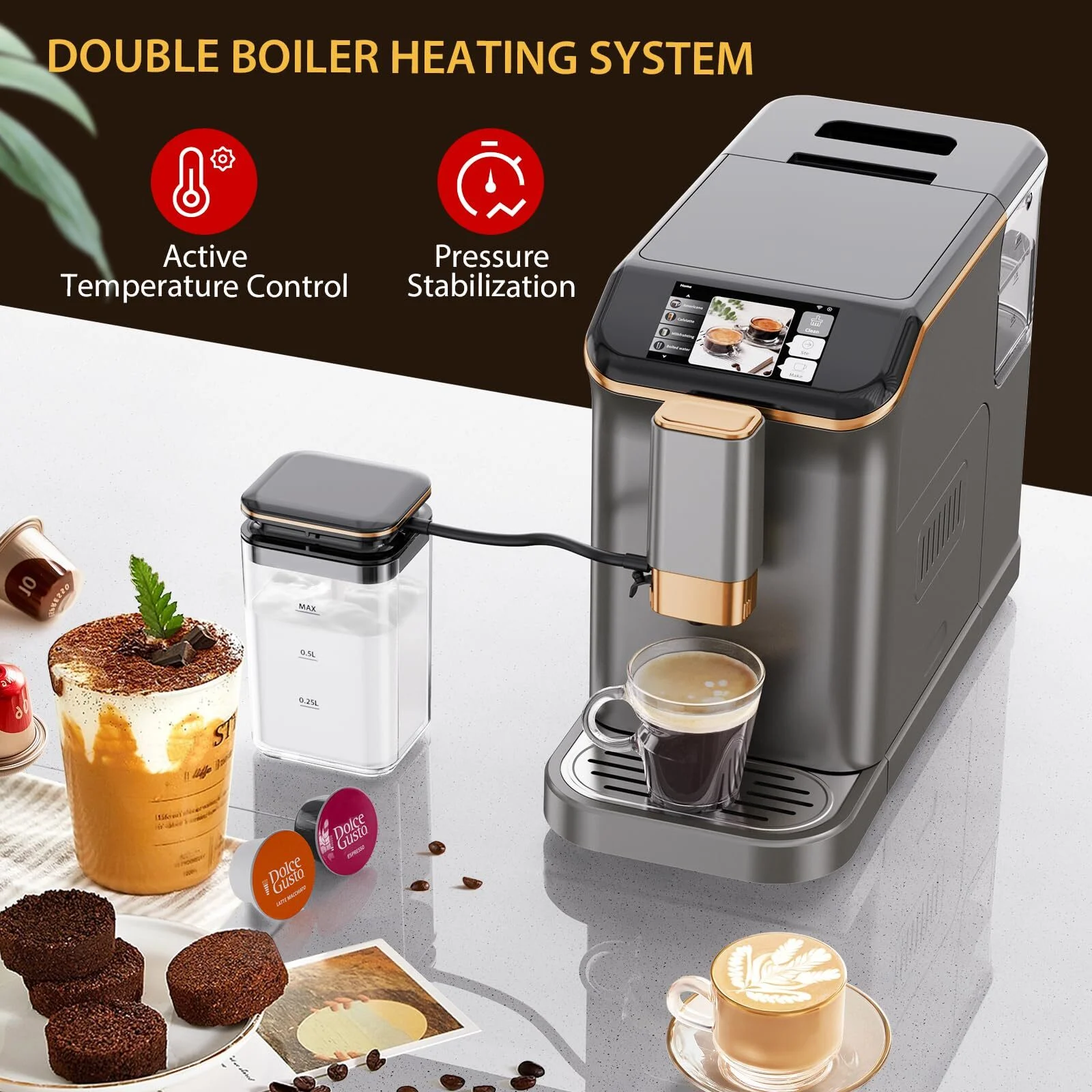 Soonbuy Fully Automatic Espresso Machine 20 Bar, With Milk Frother Steam Wand,Gold