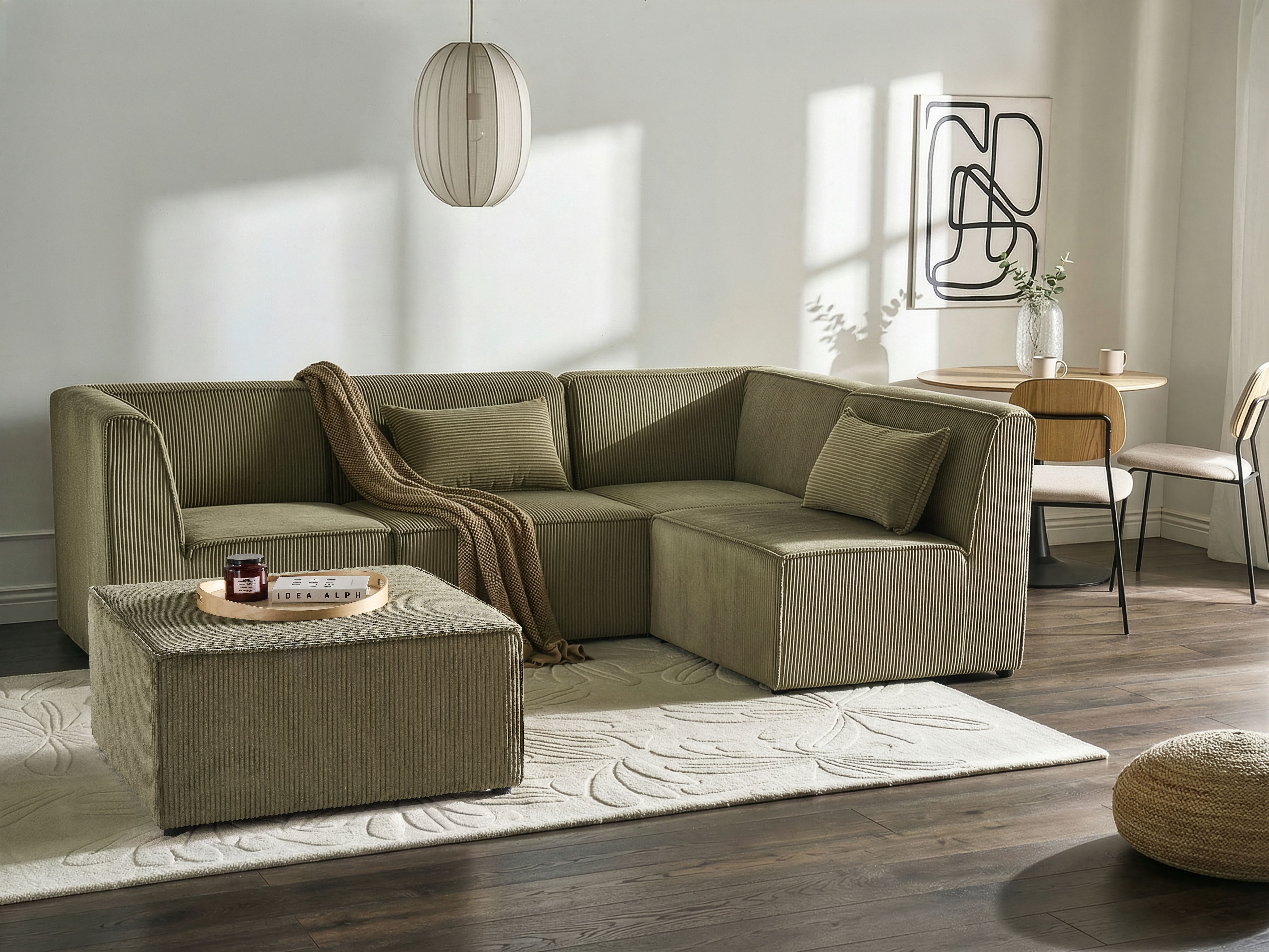 Modular Corner Sofa 4 Seater LEMVIG Corduroy Green with Ottoman Left Hand