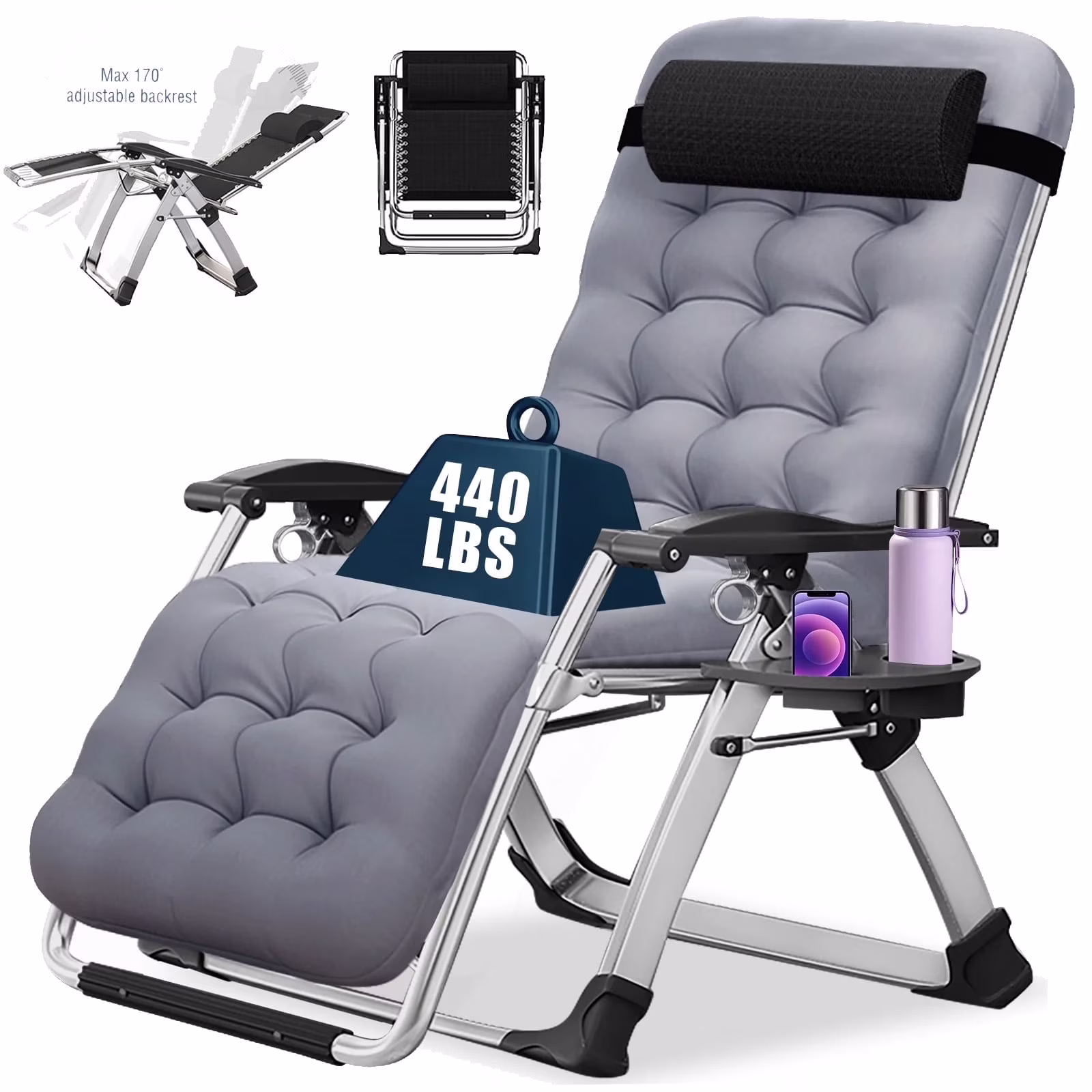 NAIZEA 2 Pack Zero Gravity Chair, Foldable Portable Lawn Recliner with Cushion, Headrest, Cup Holder, Black - Image 13