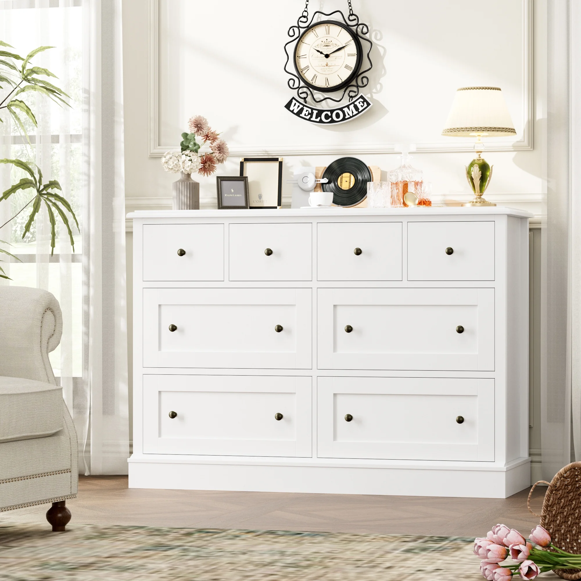 Homfa 8 Drawer Horizontal Combo Dresser for Bedroom, Modern White Chest of Drawers Wood Storage Cabinet for Living Room