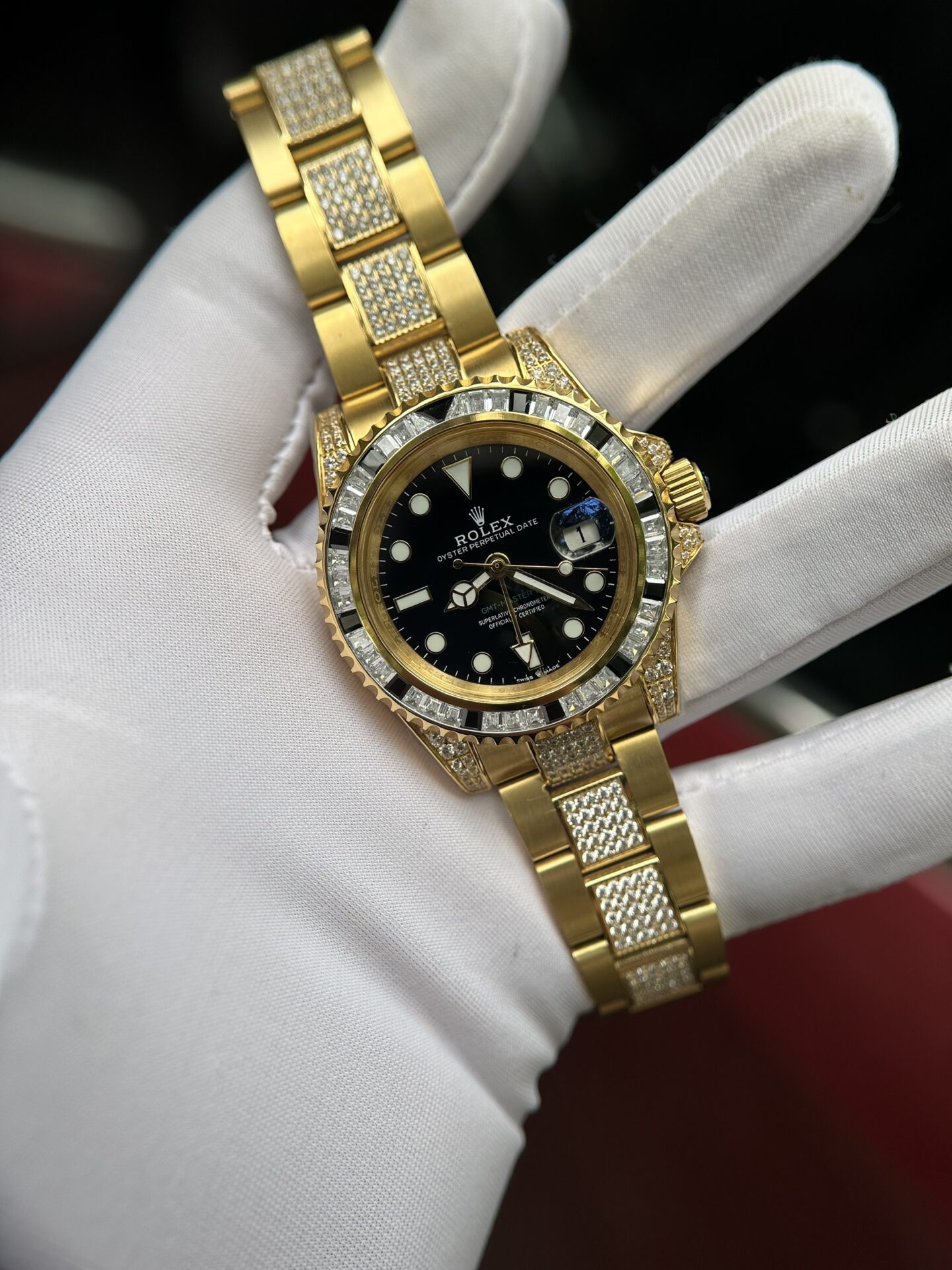 Rolex GMT-Master II Replica 1:1 Watch With Full Diamond Black Dial 40mm - Elite Watch Atelier