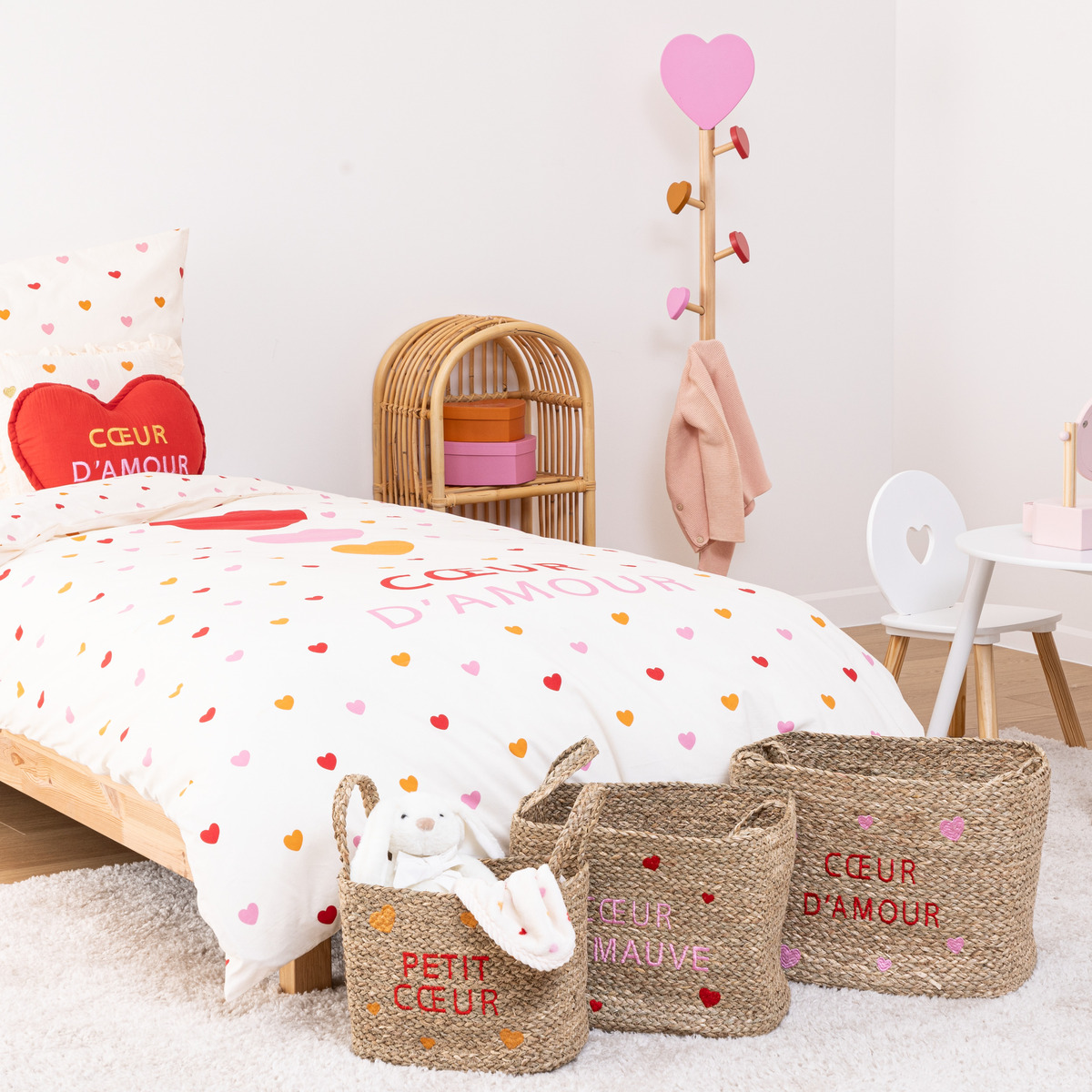 Set of 3 children's baskets "Neree" Heart motif, L.28/33/38 cm