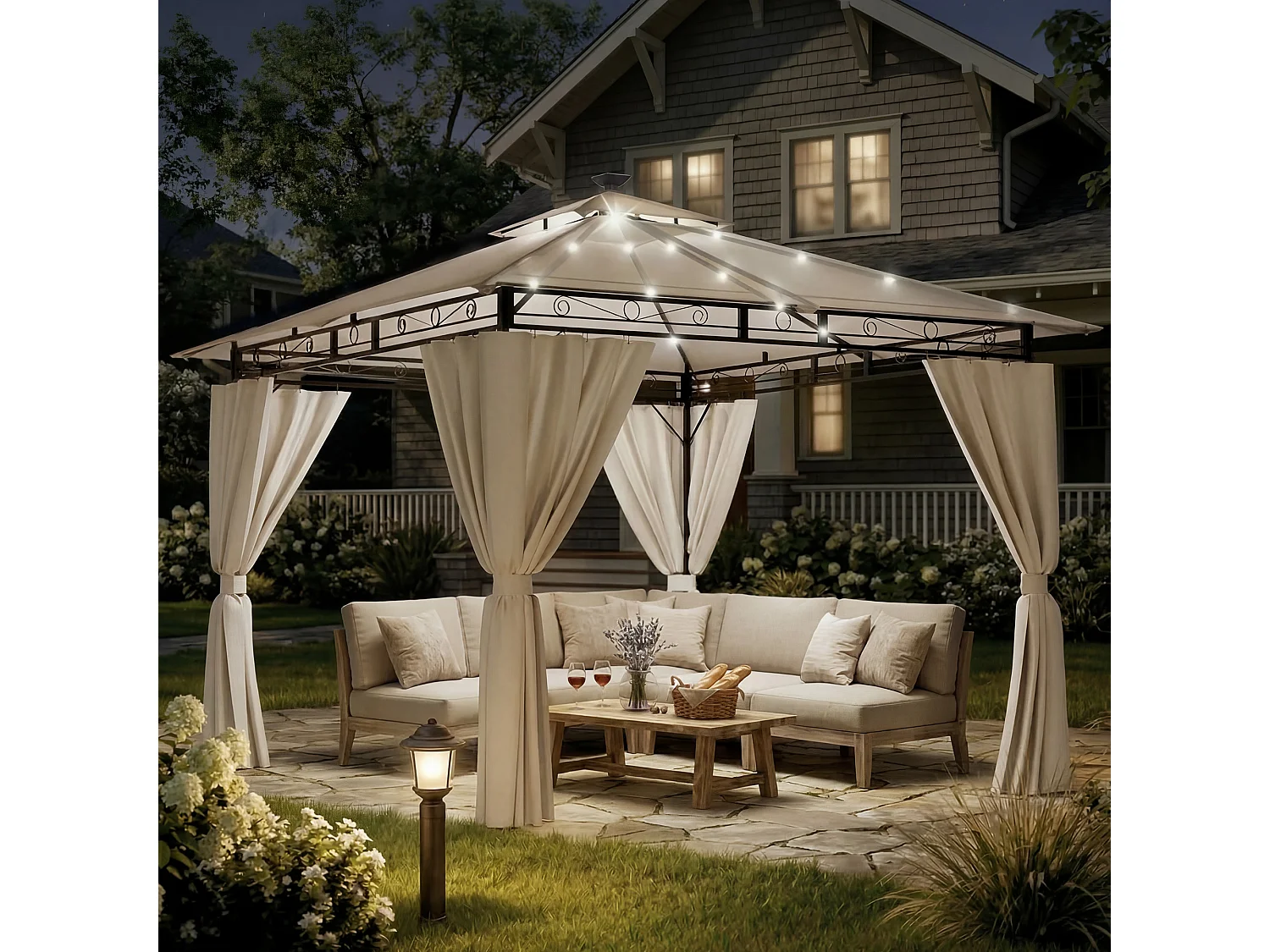DEVOKE Tonnelle de jardin  3×3 m avec éclairage LED, tonnelle imperméable de luxe, tonnelle de jardin extérieure, structure en métal, pour 4 à 6 personnes.