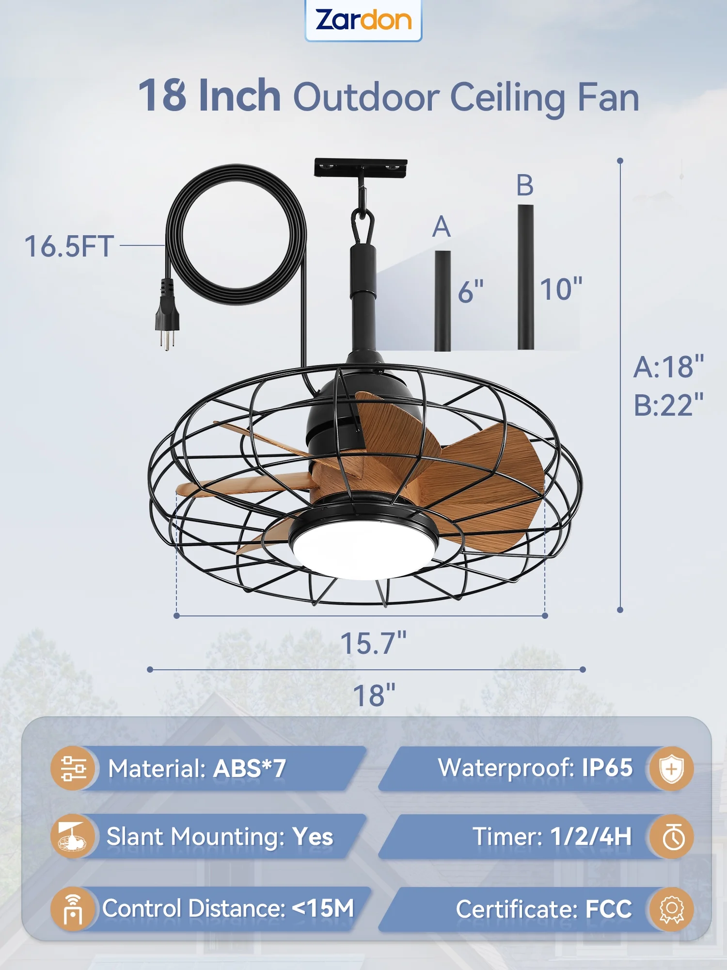 Zardon 20" Outdoor Ceiling Fan with Light and Remote, 7 Blades Caged Waterproof Gazebo Fan for Patio, Porch, Pergola Canopy, App Control - Image 38
