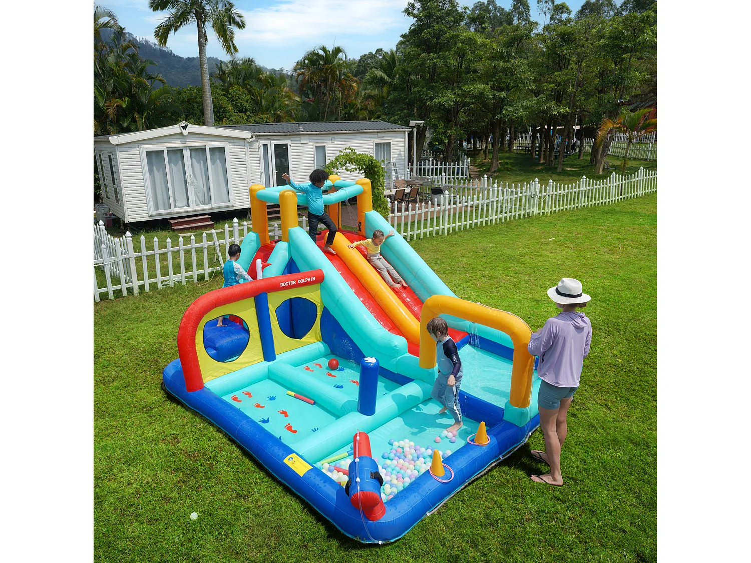 Château gonflable enfant parc aquatique avec souffleur ,toboggan et mur d'escalade - Tissu Oxford bleu