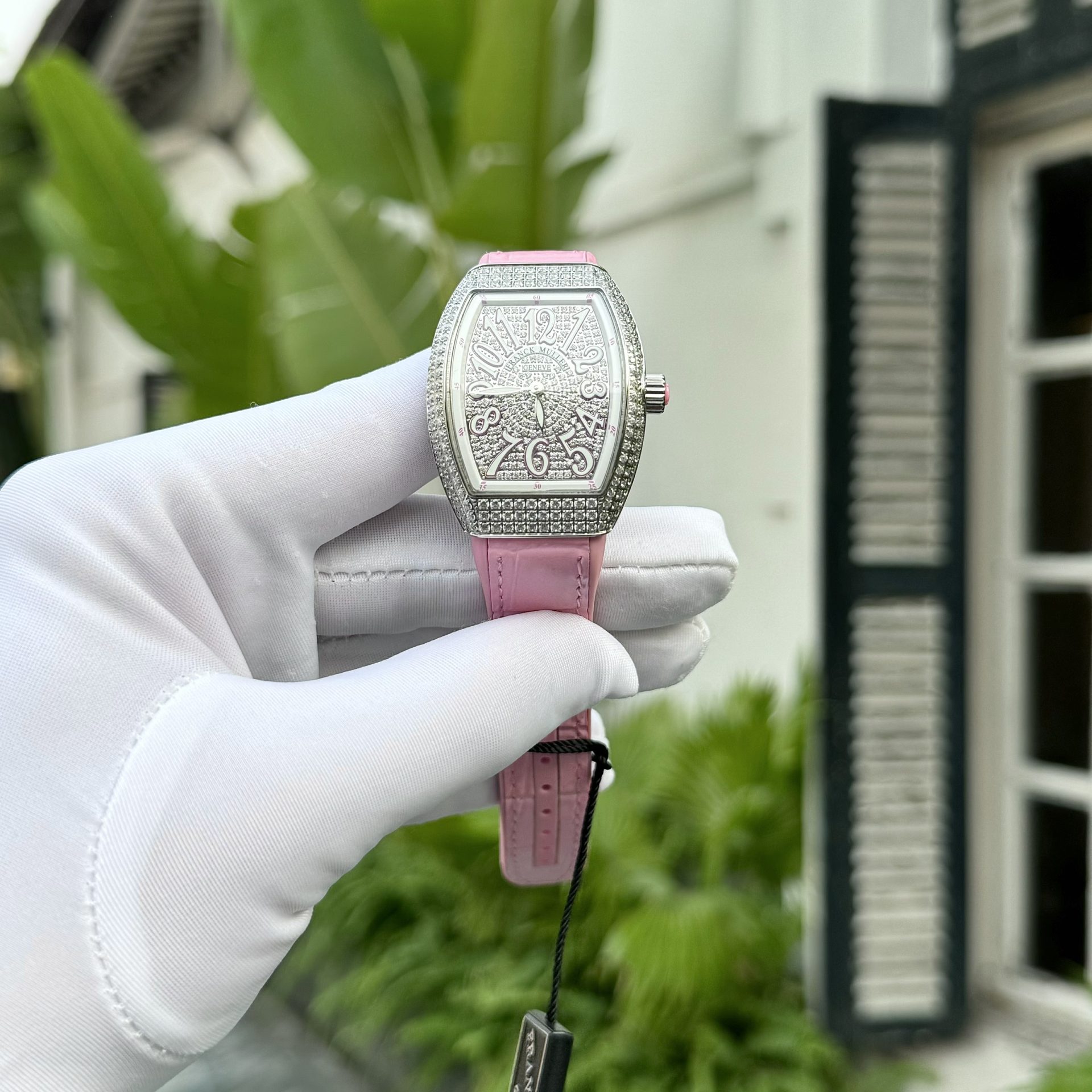 Franck Muller Replica 1:1 Watch V32 With Full Diamonds Pink Rubber Strap ABF Factory 32x40mm - Top club