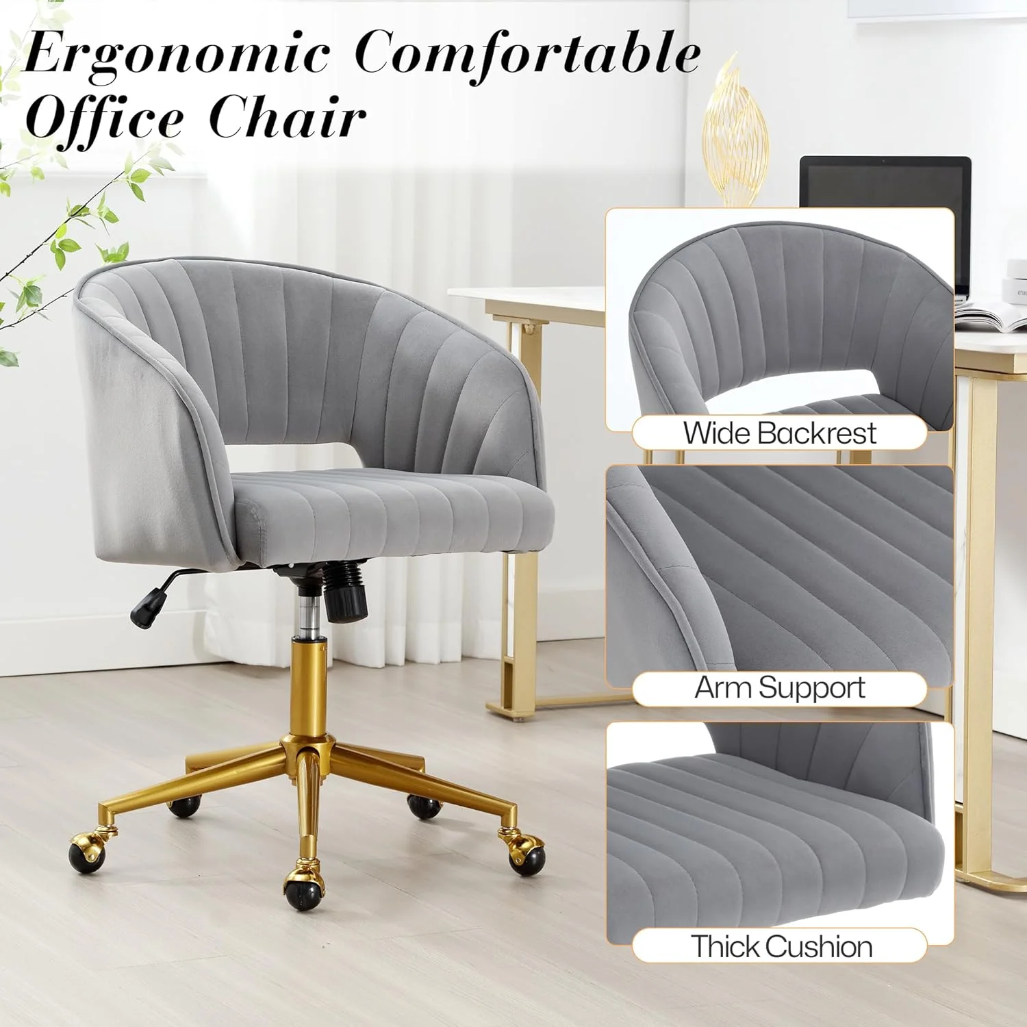 Home Office Swivel Desk Chair, Modern Velvet Vanity Chair, Height Adjustable Armchair with Gold Base, Ergonomic Office Chair for Task Study Computer Room, Beige - Image 17