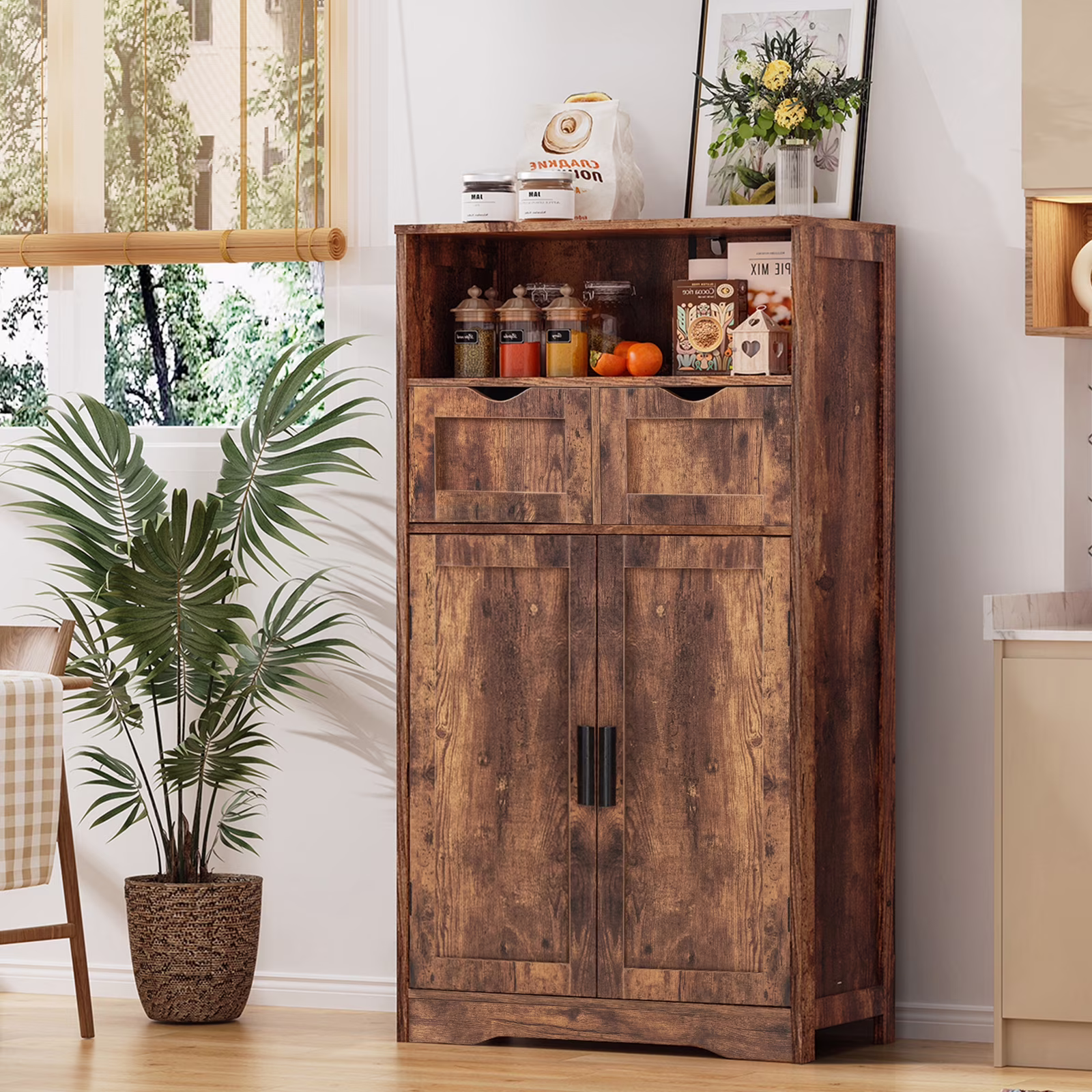 FANGSUM Rattan Storage Cabinet with 2 Drawers & 2 Shelves, Floor Cabinet for Living Room - Image 5