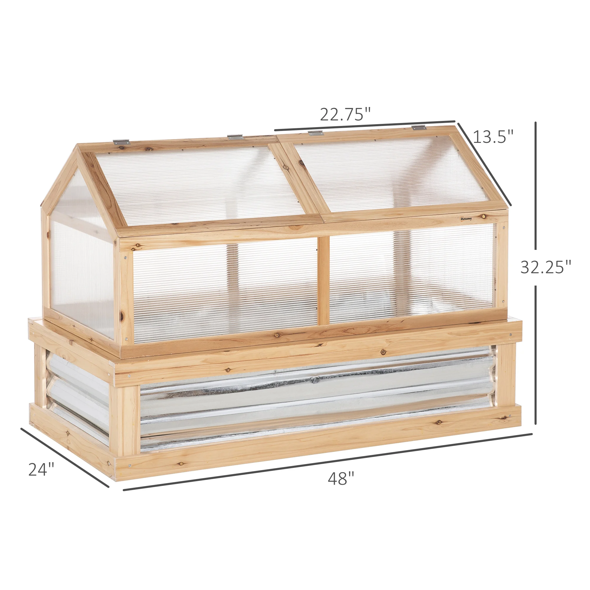 Outsunny Raised Garden Bed with Polycarbonate Greenhouse, Wooden Garden Cold Frame Greenhouse, Flower Planter Protection, 48" x 24" x 32", Natural - Image 9