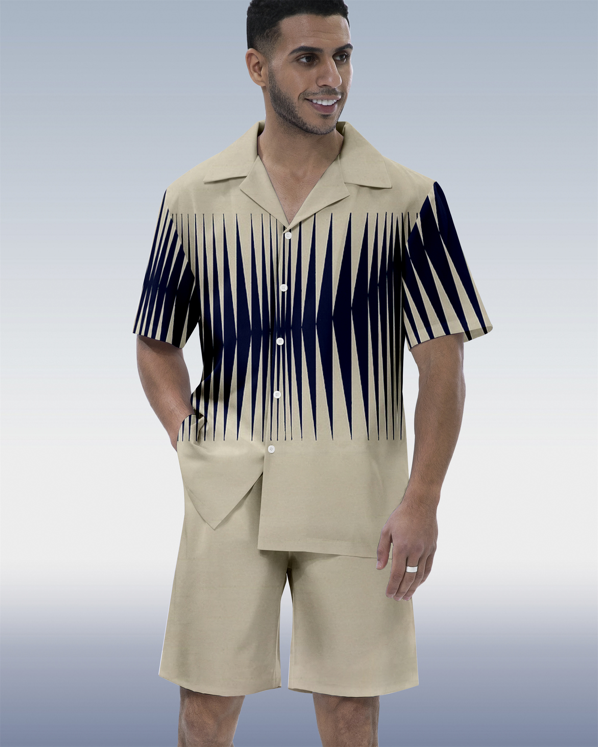 Men's Colorblock Geometric Hawaiian Cuban Collar Short Sleeve Shirt Set 0202