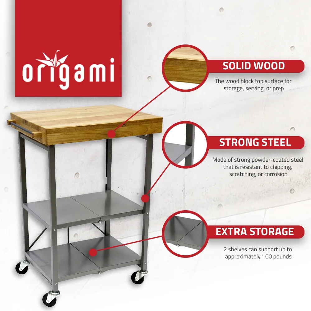 Origami Foldable Wheeled Portable Solid Wood Top Kitchen Island Bar Cart