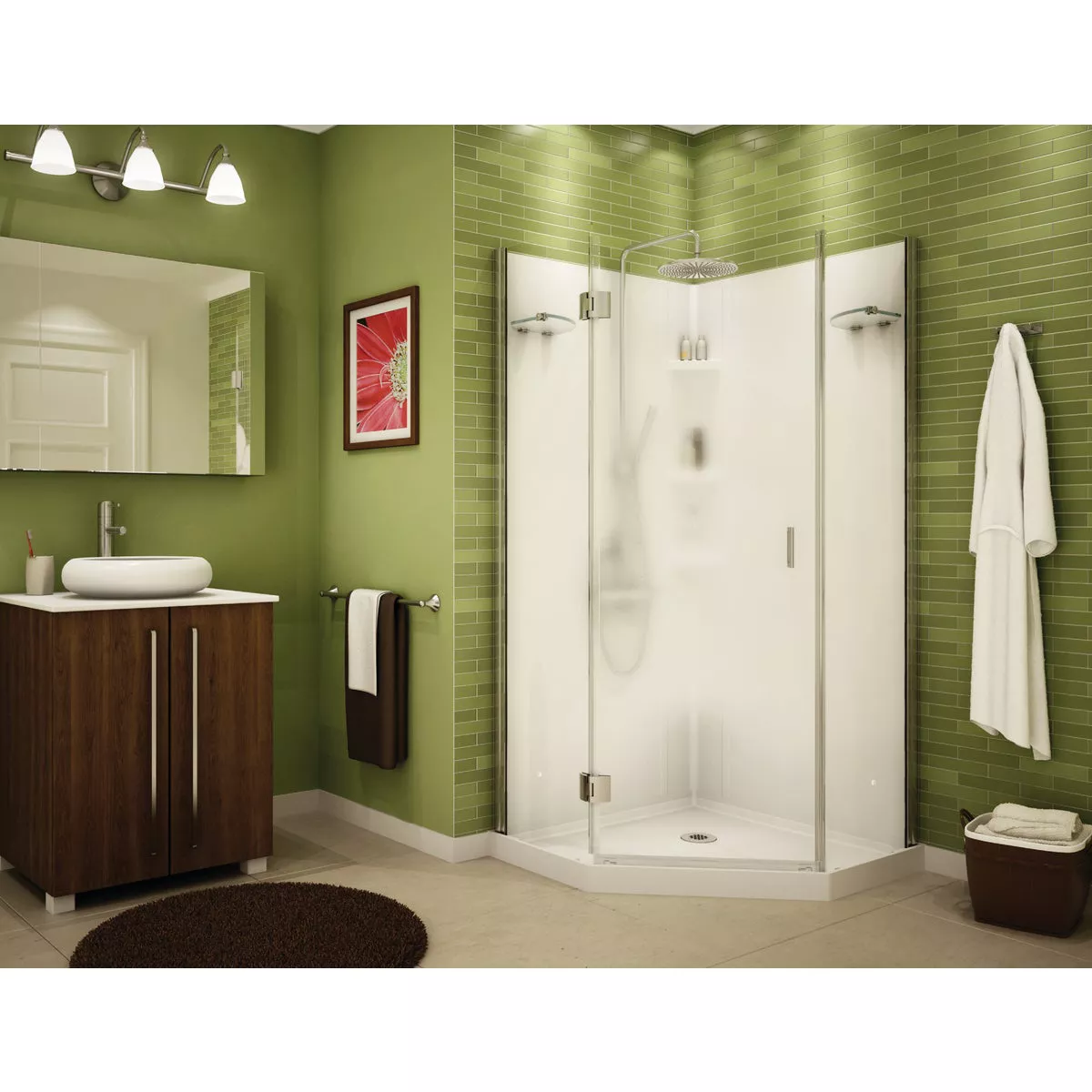 Maax Papaya 36 In. L x 36 In. D x 72 In. H Center Drain Corner Shower Kit in White with Frameless Door in Chrome