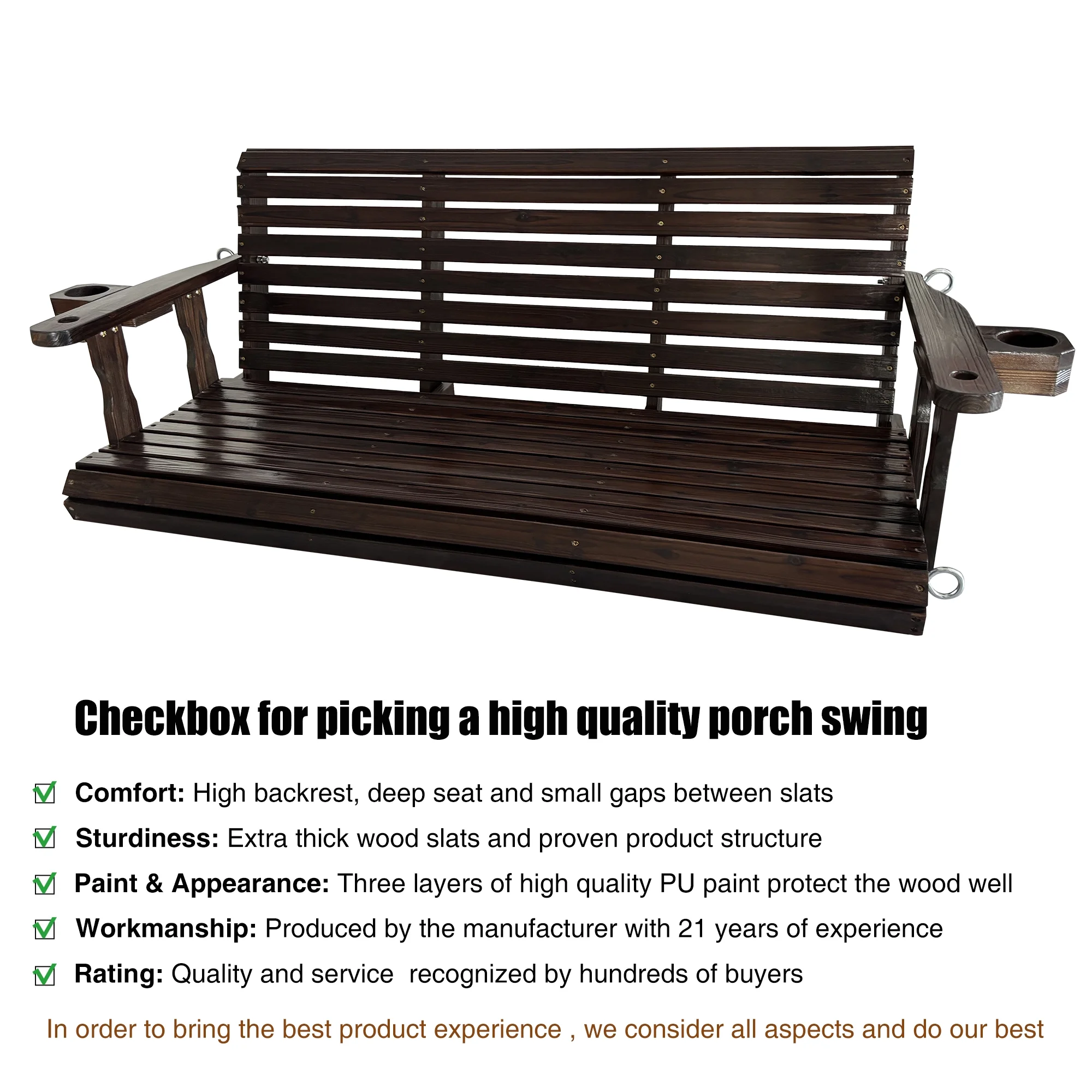 Fortune Candy 3 Person Outdoor Wood Hanging Swing, Heavy Duty 880 lbs Wood Porch Swing, Brown-5ft - Image 16