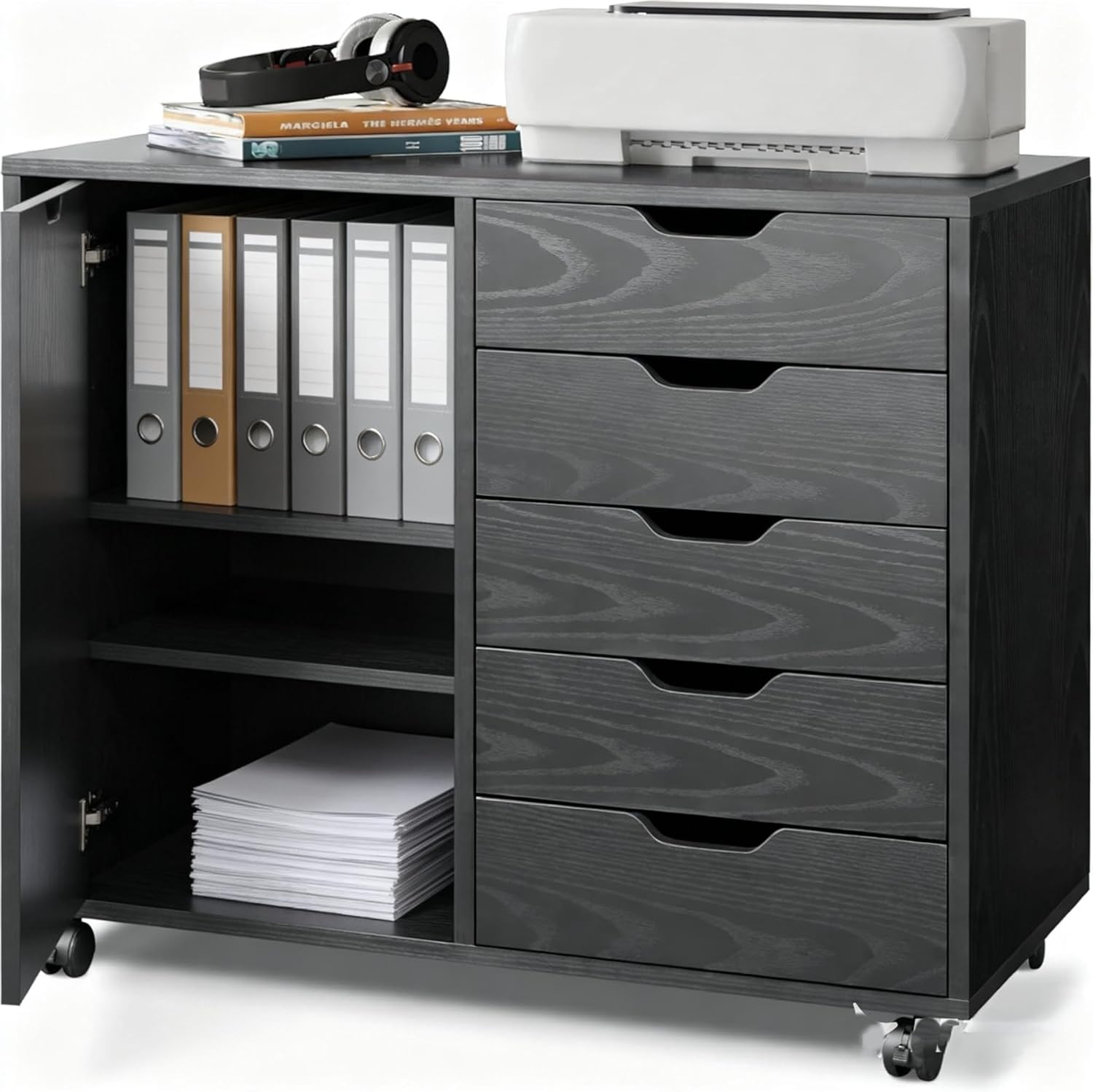 5-Drawer Wood Drawer Cabinet, Office Storage Cabinet with Adjustable Shelf & Wheels, Printer Stand for Home Office, Black, 15.7