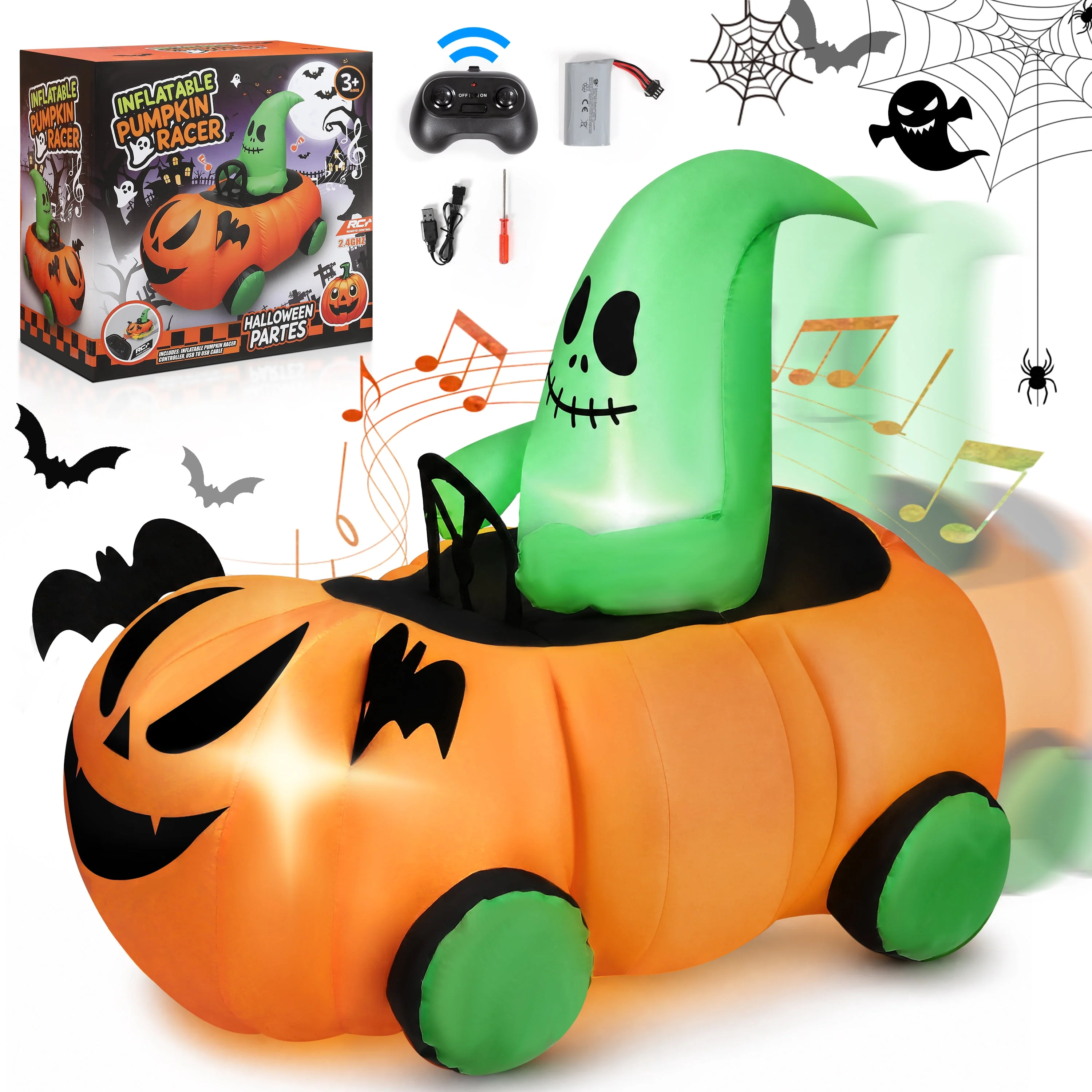 Firstness 2.4GHz Remote Control Car Halloween Inflatable Pumpkin Spider Blow ups Rc Car 360° Rotation, 3 Music and LED Lights, Aged 3+ - Image 3 Firstness 2.4GHz Remote Control Car Halloween Inflatable Pumpkin Spider Blow ups Rc Car 360° Rotation, 3 Music and LED Lights, Aged 3+ - Image 3