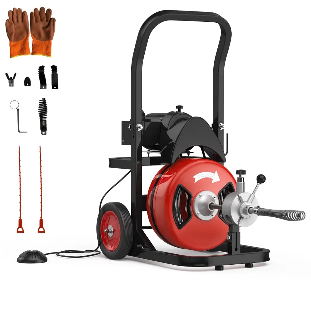Ataucjin Drain Cleaner Machine,100Ft Drain Cleaning Machine,450W Auto Feed Sewer Snake Auger,Portable Electric Drain Auger Cleaner With 4 Cutter Air-Activated Foot Switch For 2