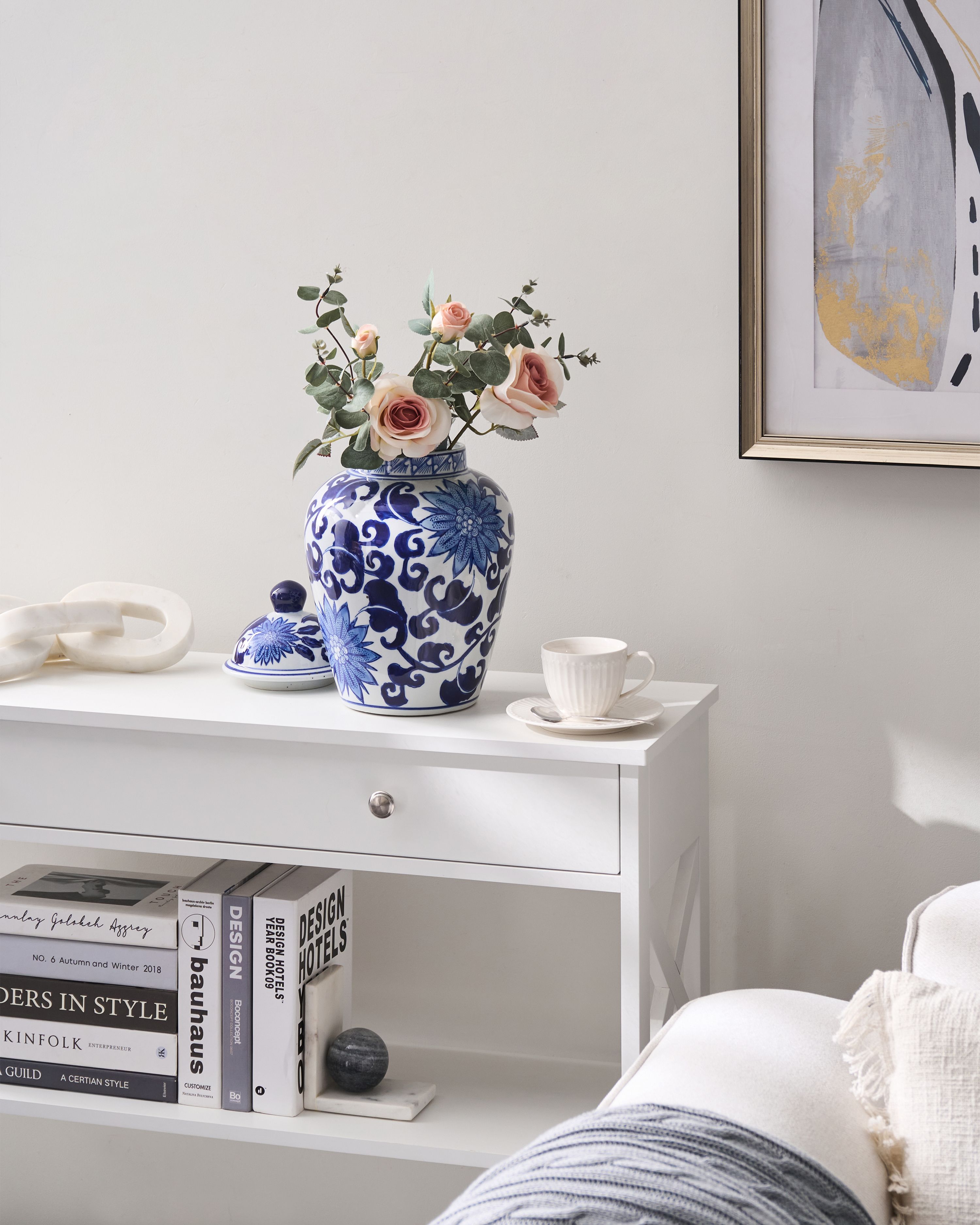 Lidded Vase CUENCA Porcelain 36 cm White/ Blue
