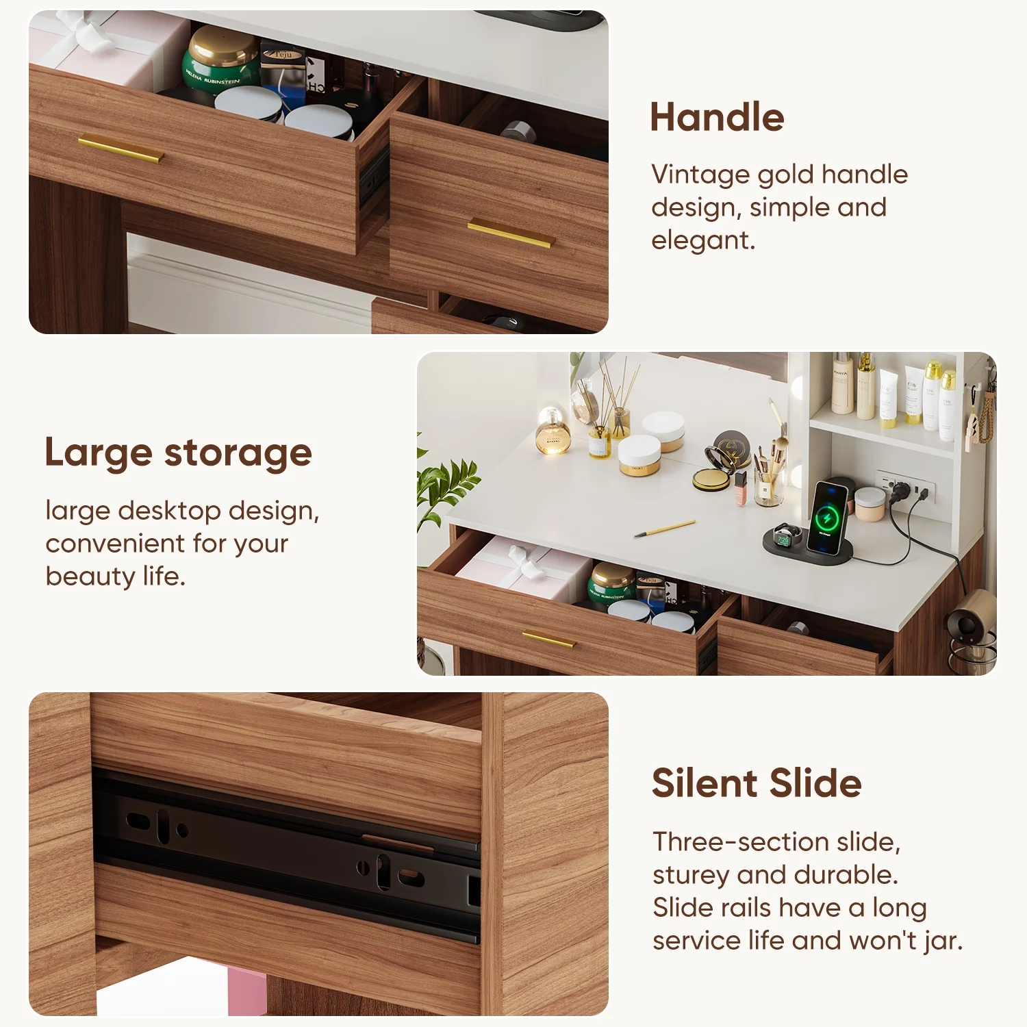 Makeup Vanity with Mirror and 3 Color Lights,Vanity Dressing Table with USB Charging Station,4 Drawers,Open Storage Shelves,White - Image 24