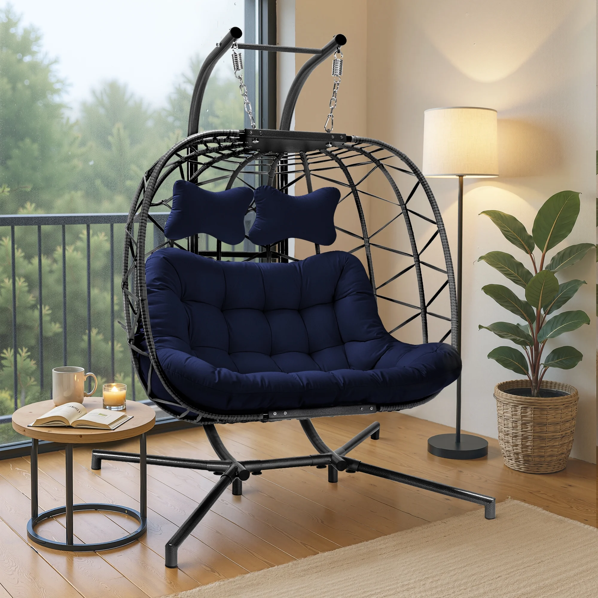 RADIATA Double Wicker Egg Swing Chair with Stand, 2-Person Hanging Egg Chair for Indoor/Outdoor, 700lbs Capacity, Thick Cushions & Headrest,Sturdy Metal Frame��Dark Gray - Image 13