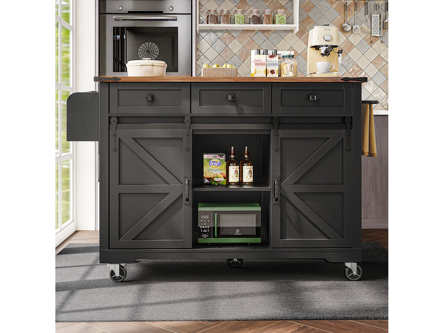 Îlot de cuisine à roulettes - 140 x 45 x 94 cm - avec plan extensible + 2 portes + 3 tiroirs - Métal + MDF - noir