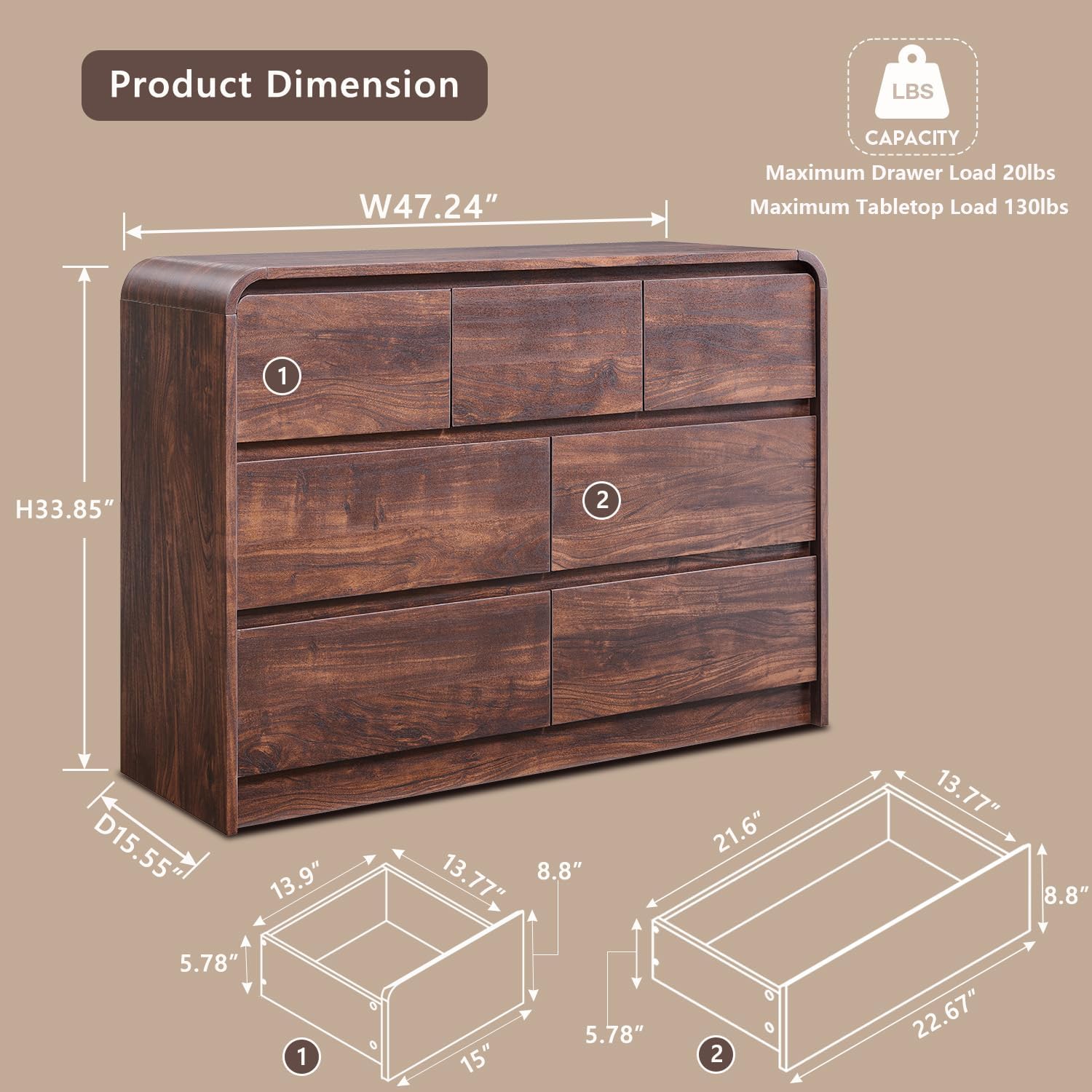 Modern 7 Drawers Dresser for Bedroom, 47
