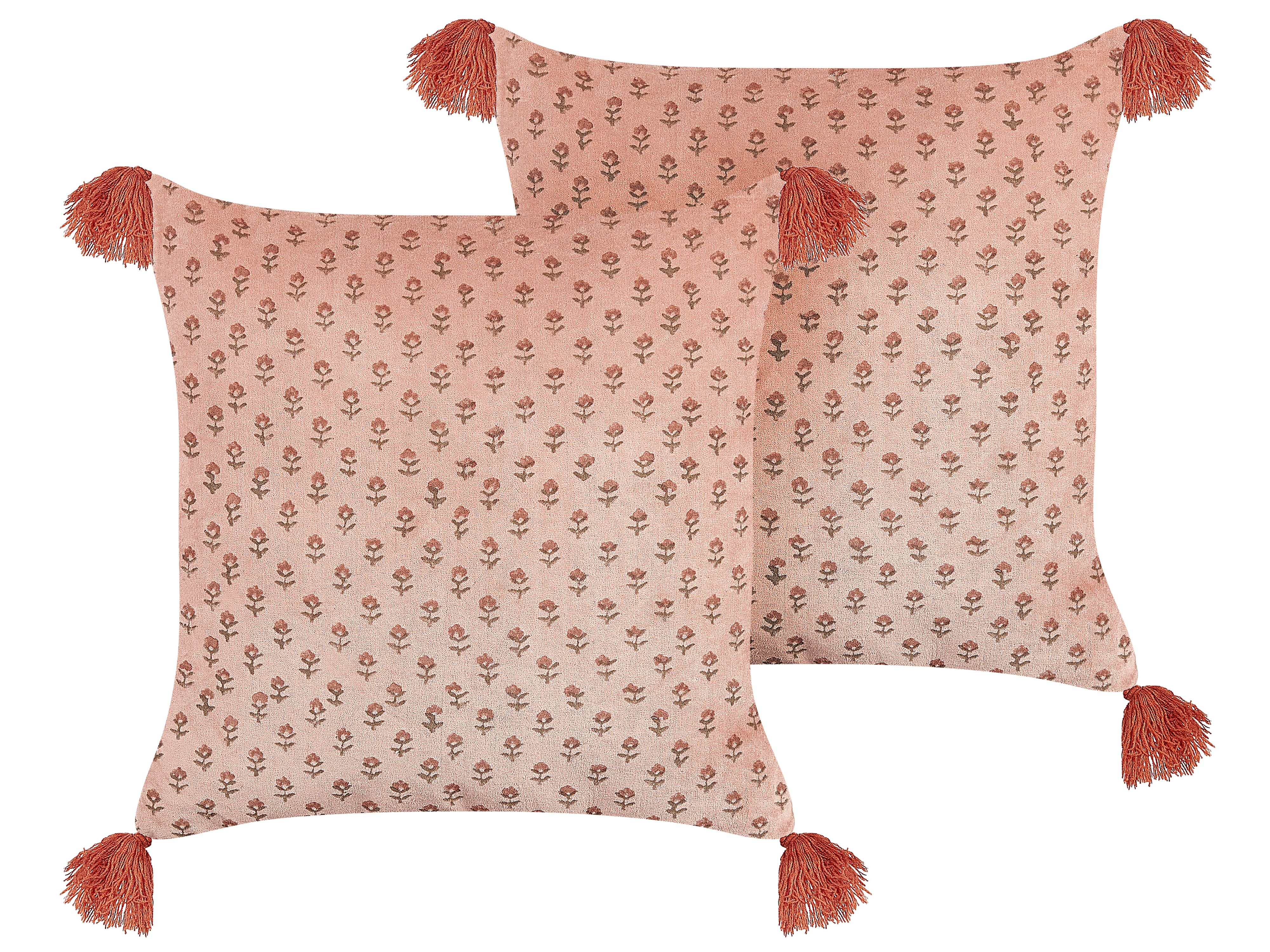 Set of 2 Decorative Cushions RUMHORA Velvet 45 x 45 cm Pink Floral Pattern