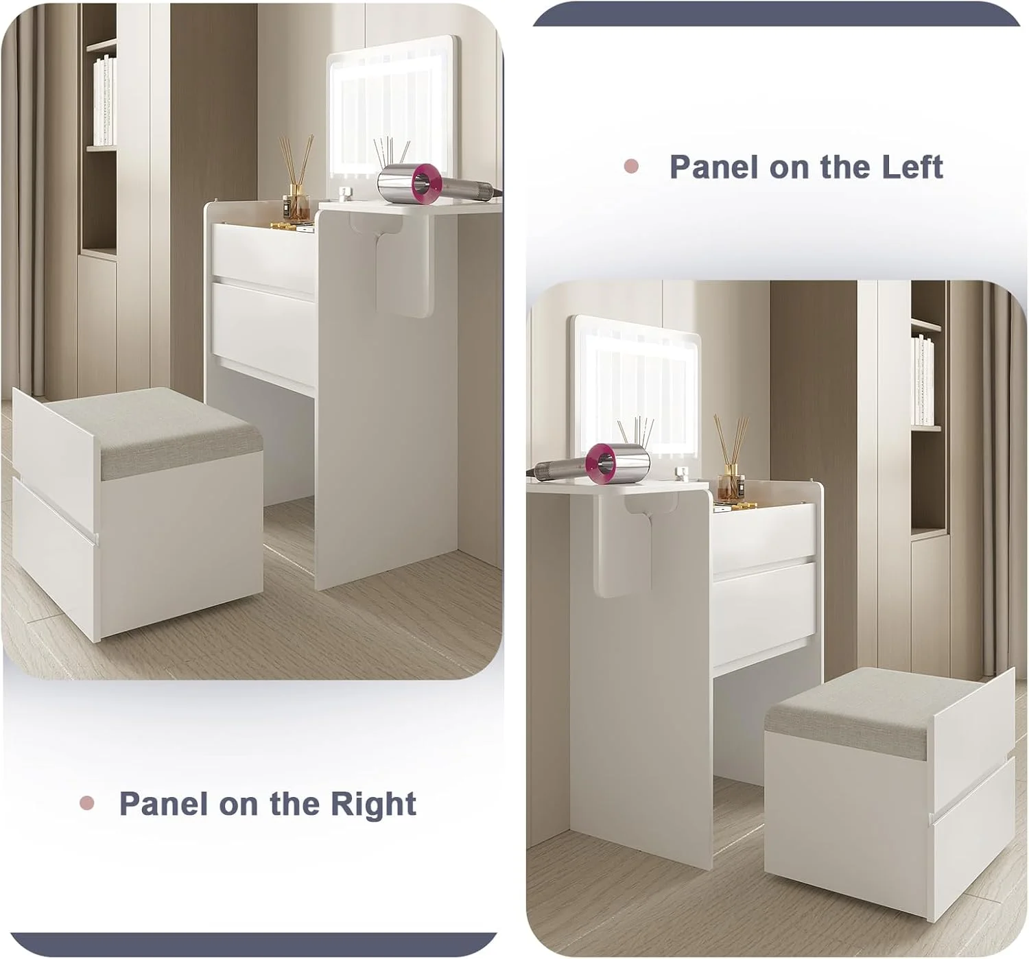 Vanity Desk with Flip Top Lighted Mirror, Compact Makeup Table with Storage Stool, Integrated Vanity with Drawers, 3-in-1 Vanity Set, Small Dressing Desk for Bedroom - Image 6