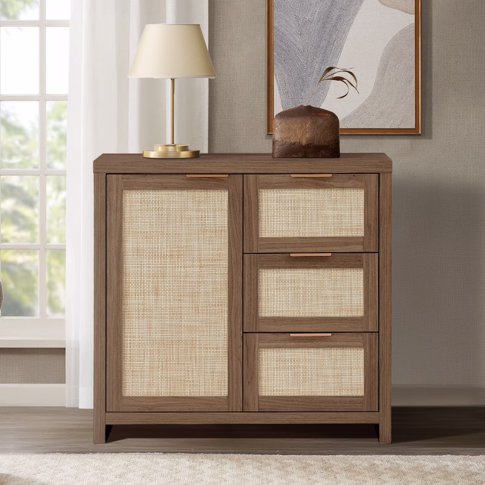 ARKANTOS Sideboards and Buffets, Boho Storage Cabinets with Rattan Doors and Drawers, Natural Oak - Image 5