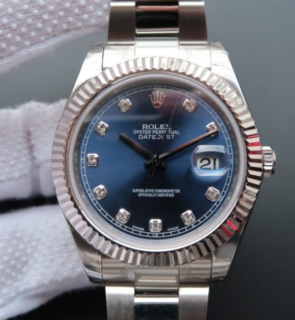 Replica Rolex DateJust 41mm 116334 SS Blue Dial Diamonds Markers SS Bracelet A3136 - Elite Watch Atelier