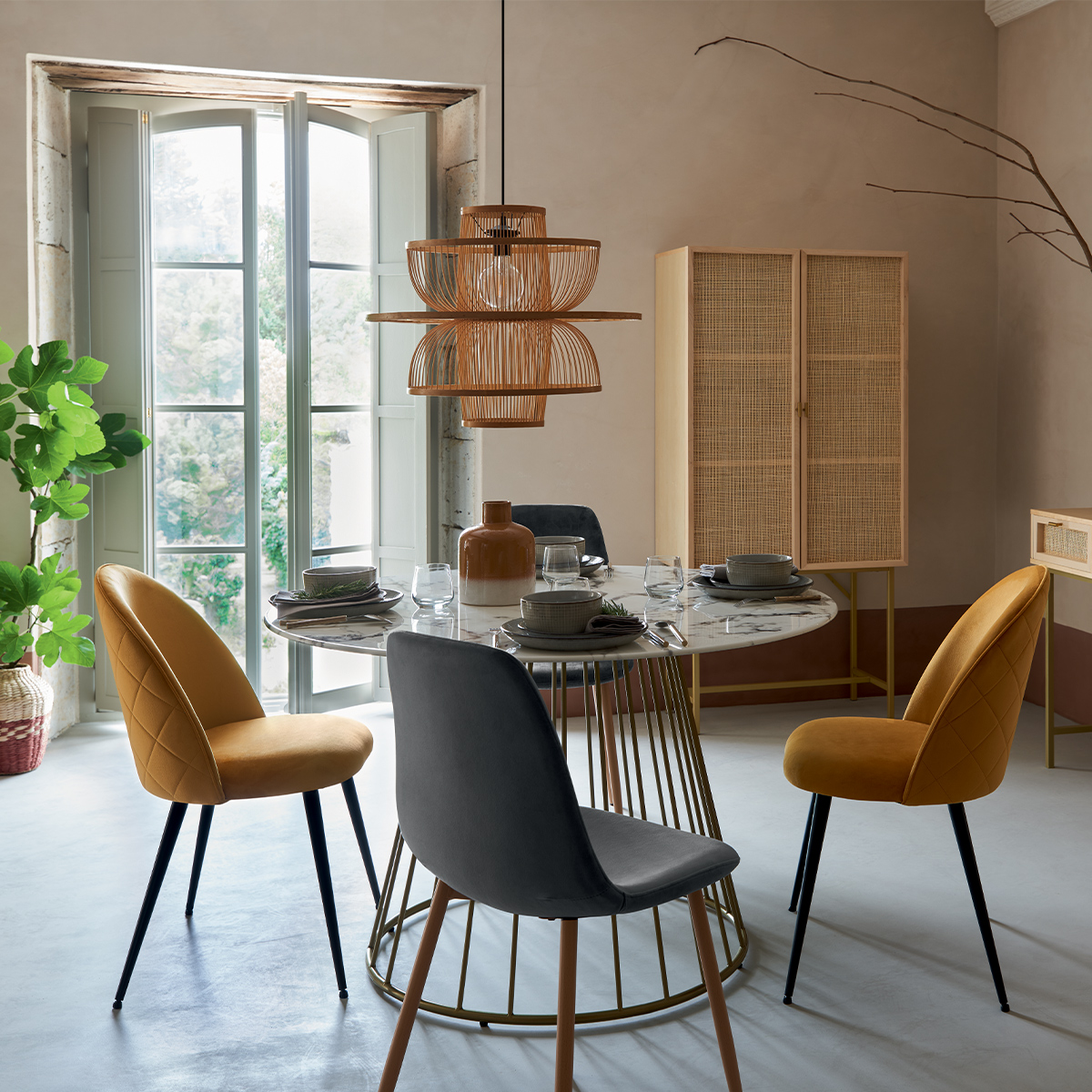 2-door High Buffet "Rayo" Rattan cane, 80x165 cm