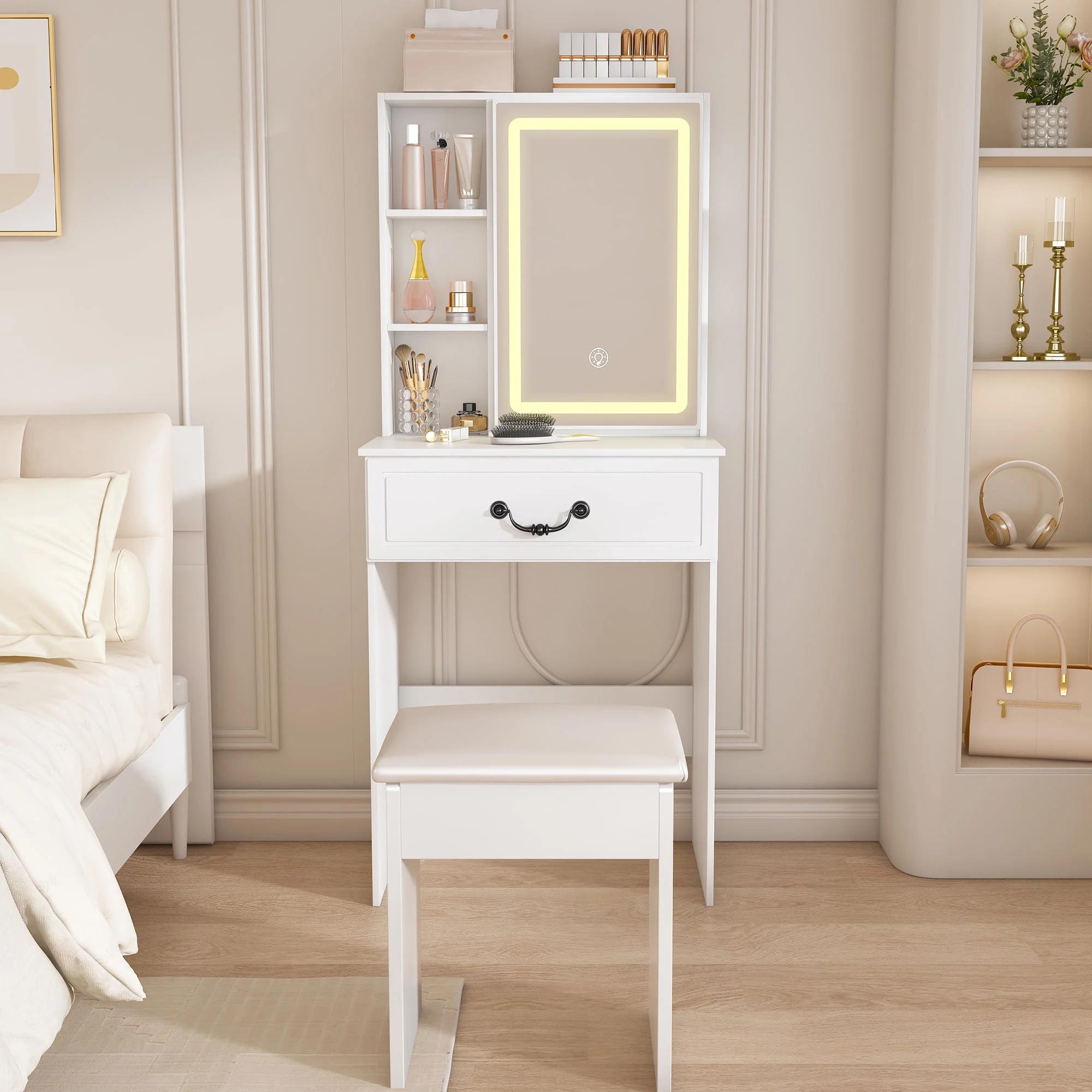Montary Modern Mini Vanity w/Adjustable LED Mirror + Hidden Storage, Padded Stool & Dustproof Shelves (White) - Image 2