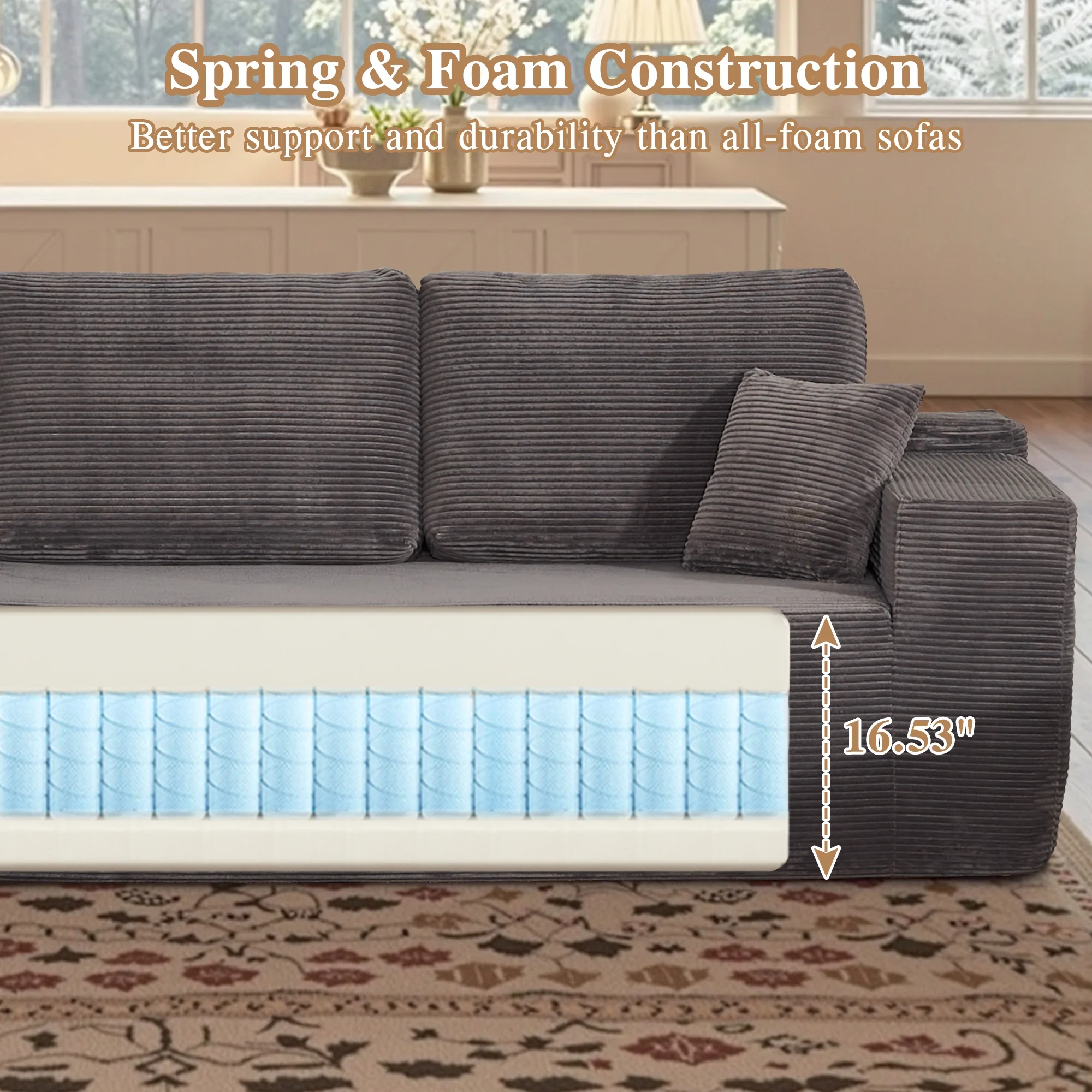 Ovios 106" L-Shaped Sectional Sofa Modern Modular Cloud Couch with Deep Seating Upholstered Sofa for Living Room Bedroom, No Assembly Required, Black(Corduroy) - Image 33