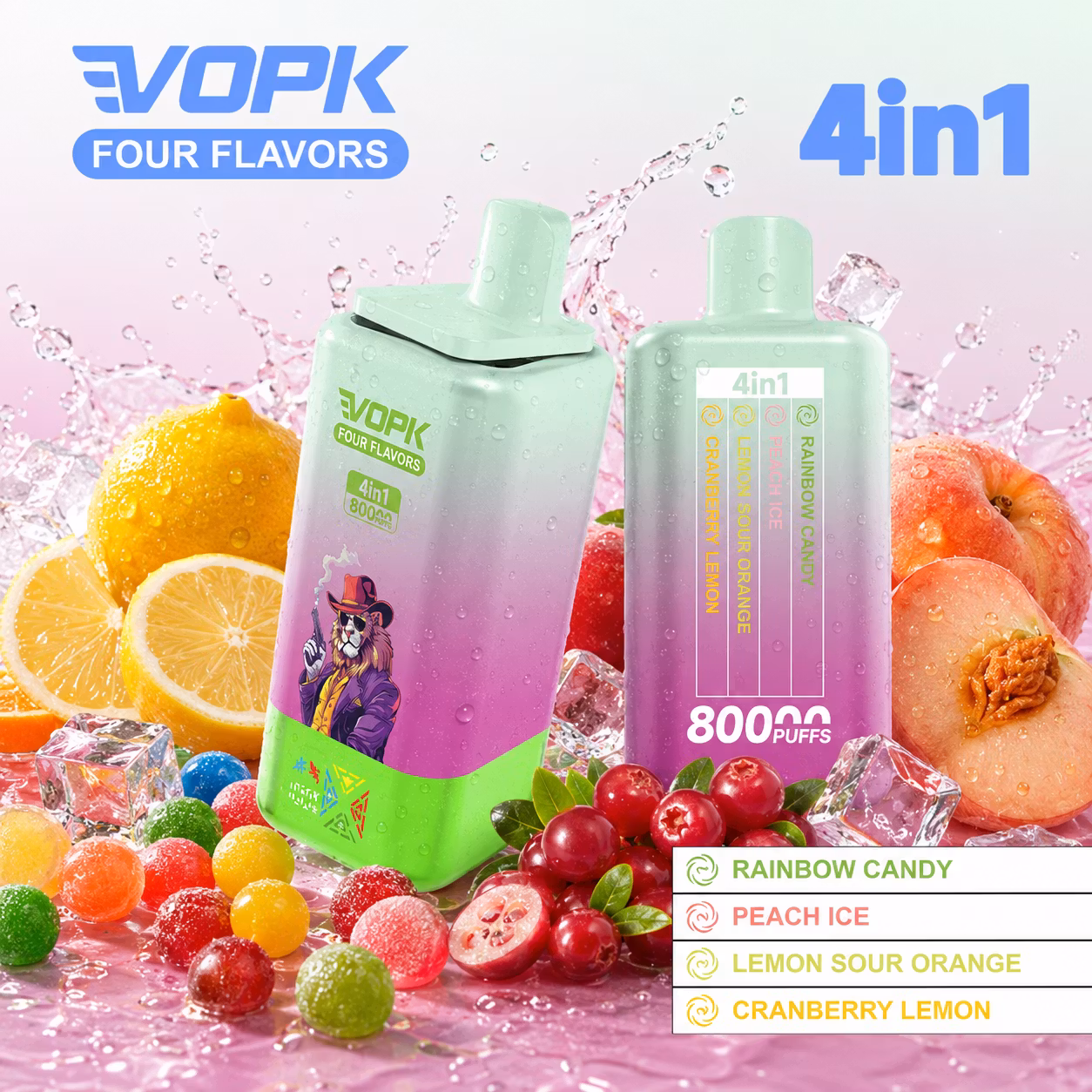 VOPK 80 000 puffów 4w1 – Lemon Sour Orange, Cranberry Lemon, Peach Ice, Rainbow Candy