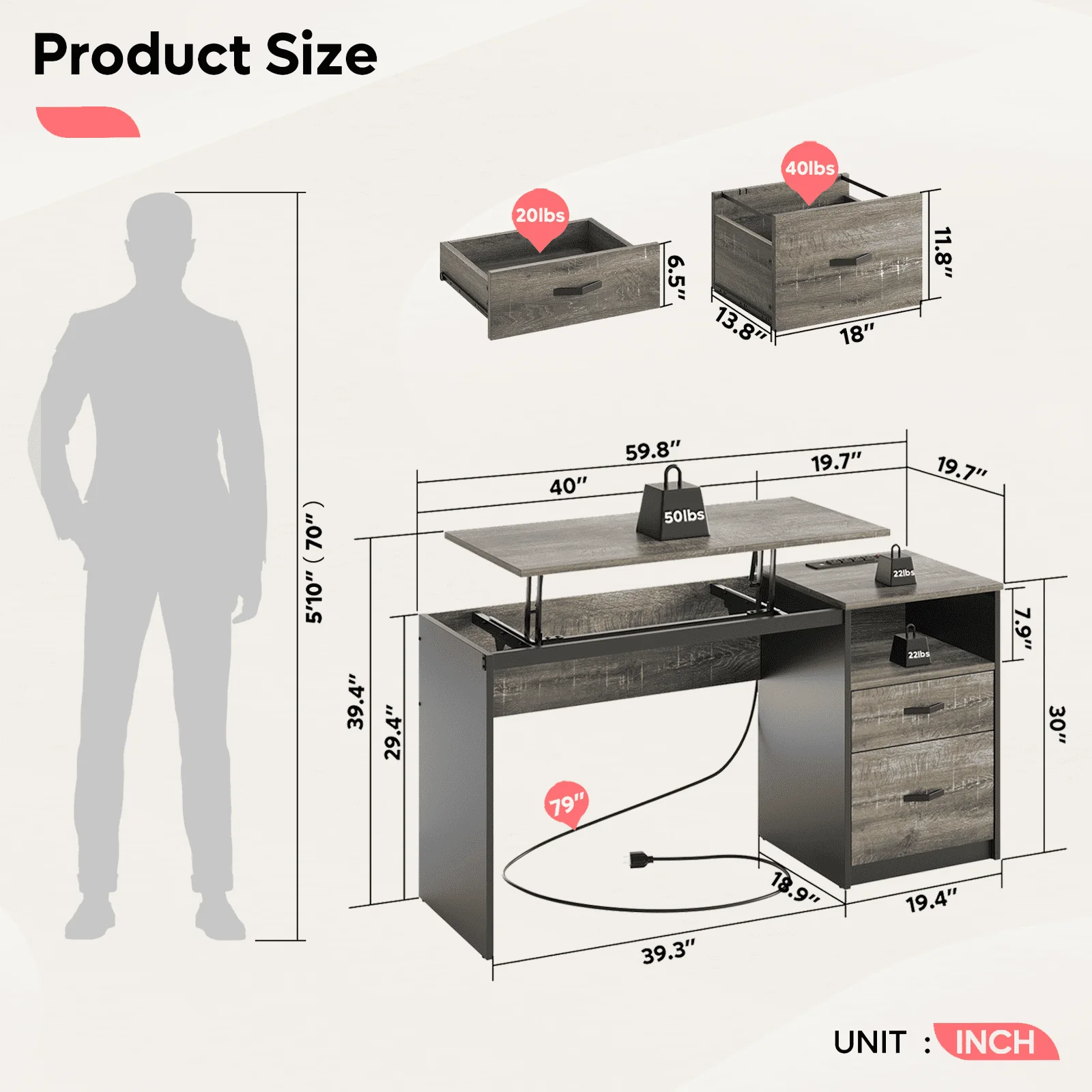 Bestier Computer Desk with Drawers Power Outlet 60" Office Desk Lift Top Desk, Gray - Image 10