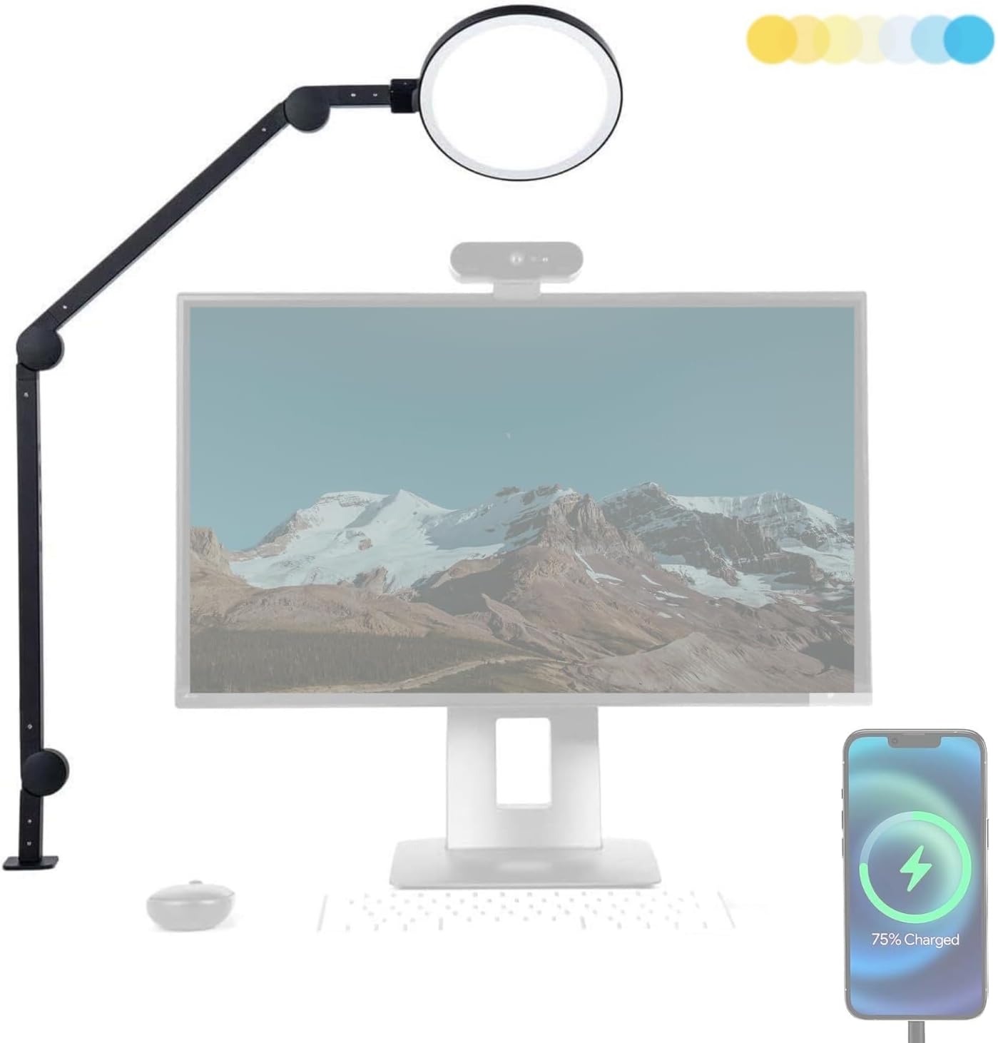 LUME CUBE Edge 2.0 LED Desk Lamp | Dimmable Home Office Desk Light with USB Charging Port & Strong Swing Arm | Adjustable Color Temperature and Brightness | Circle Webcam Light - Black