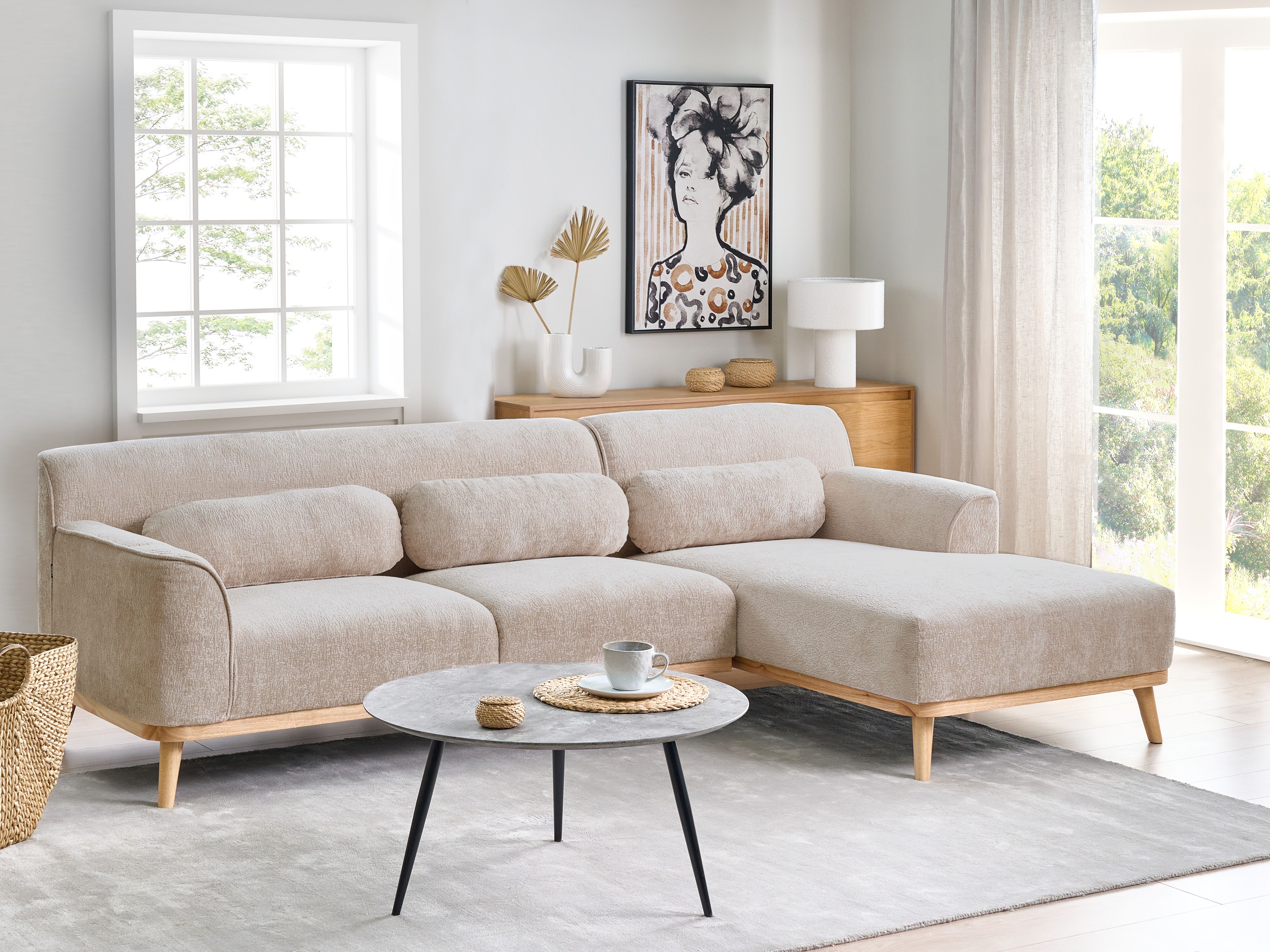 Corner Sofa 3 Seater SIMOS Chenille Beige Left Hand