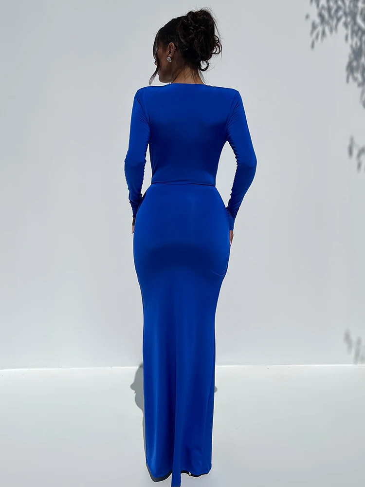 Sexy Deep V Long Sleeve Bodycon Women’s Dress Slim Fit Lace Up High Split Female Maxi Dress Party Club Evening Dress - AZJHJ